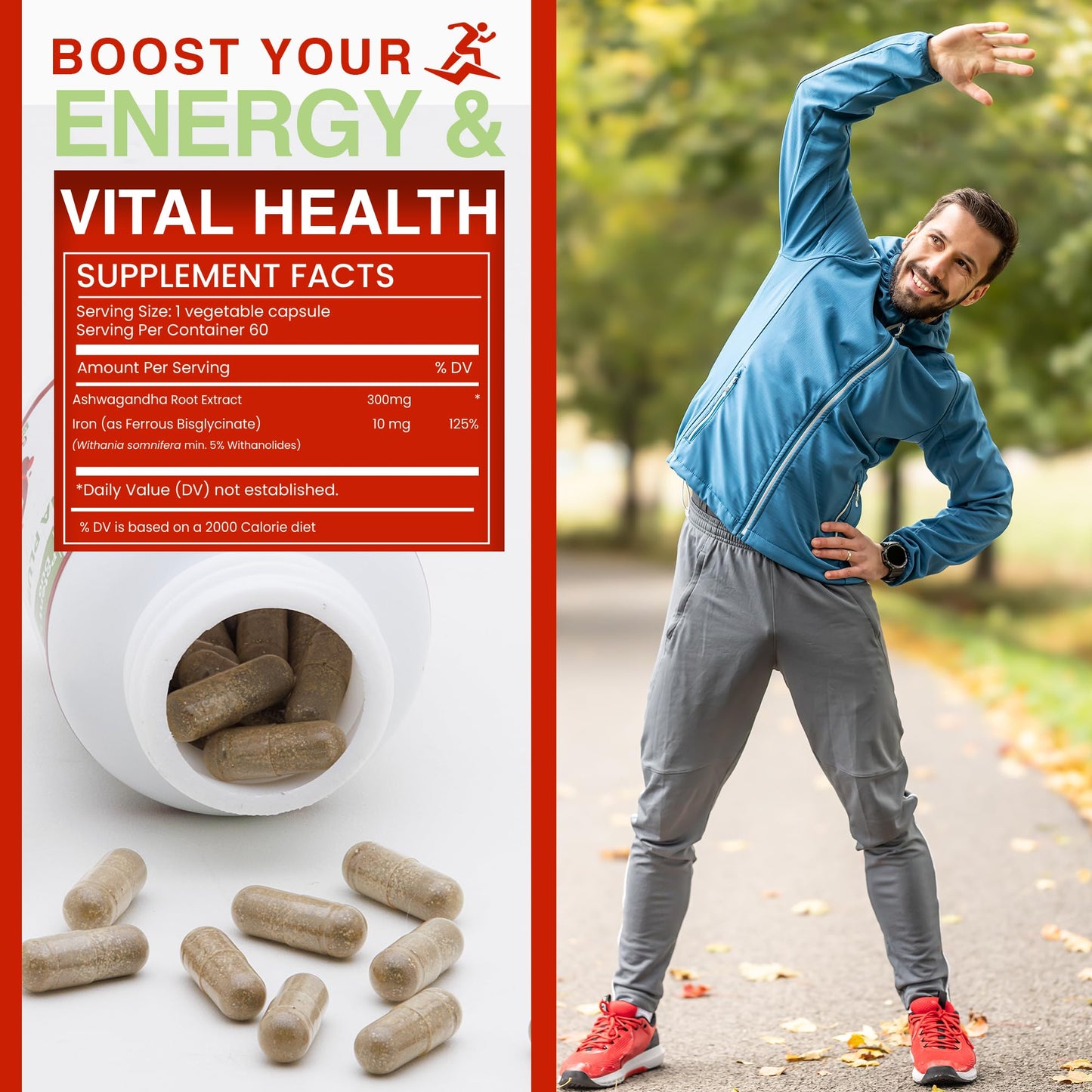 TEX NEWTRA Ashwagandha with Iron Bisglycinate - 300mg & Bioavailable Iron 10mg - 60 Capsules
