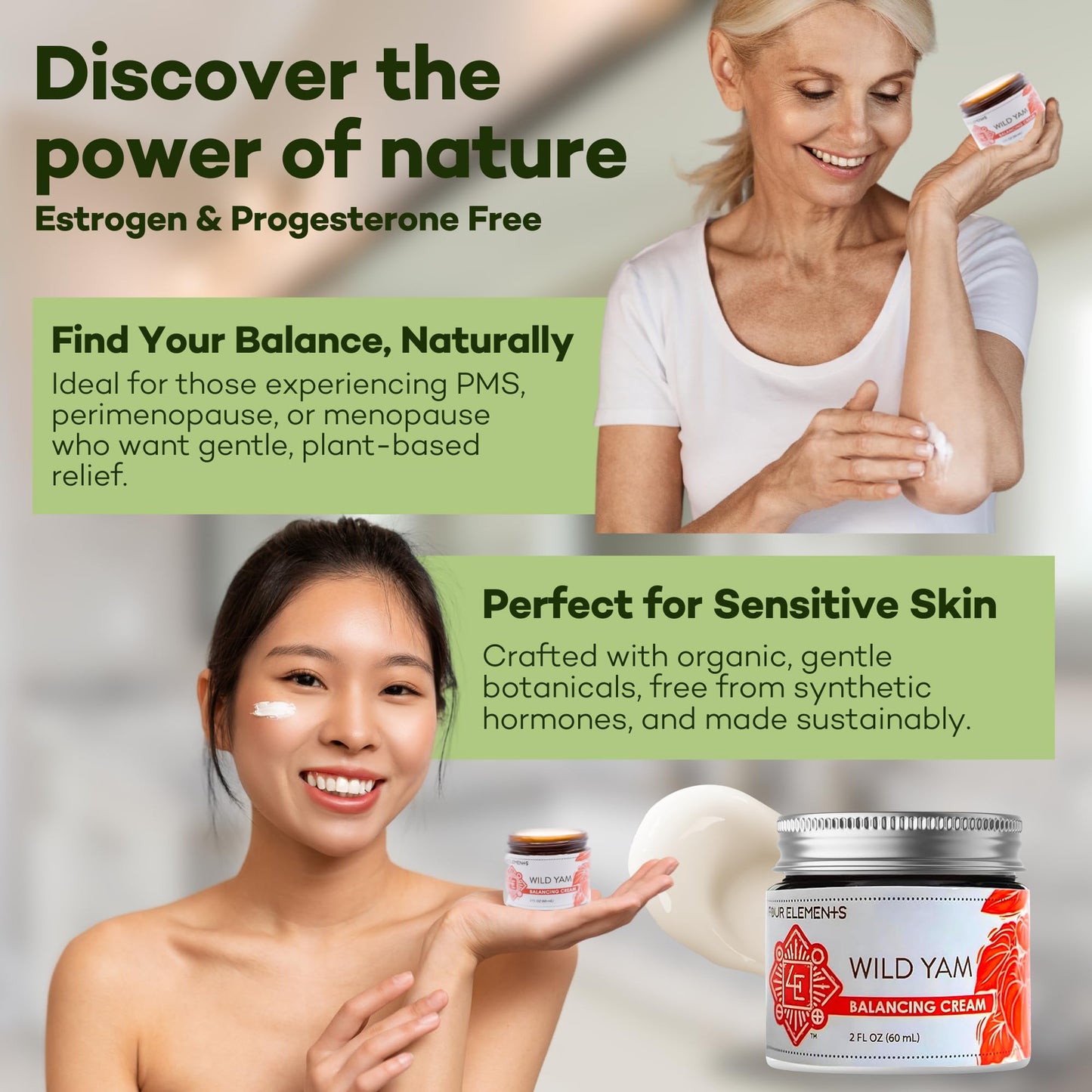 Wild Yam Cream for Hormone Support 2 Oz | Four Elements 4E Organic Wild Yam Balancing Cream for Women | Menopause & PMS Support - Estrogen & Progesterone Free | Proudly Farmed, Crafted & Made in USA