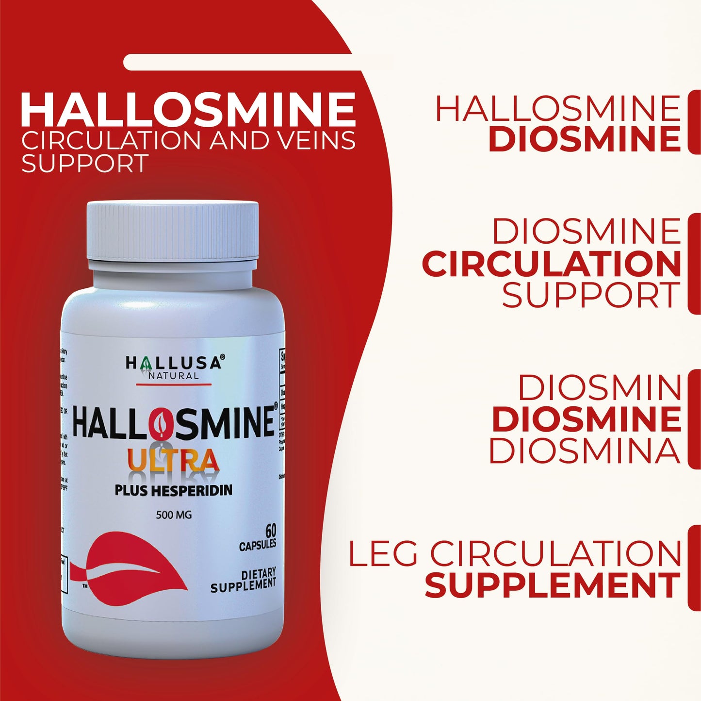 Hallusa Natural Hallosmine Ultra Diosmin 500mg & Hesperidin 150mg – Heavy Legs, Swelling & Vein - Blood Circulation Supplements, 60 Caps