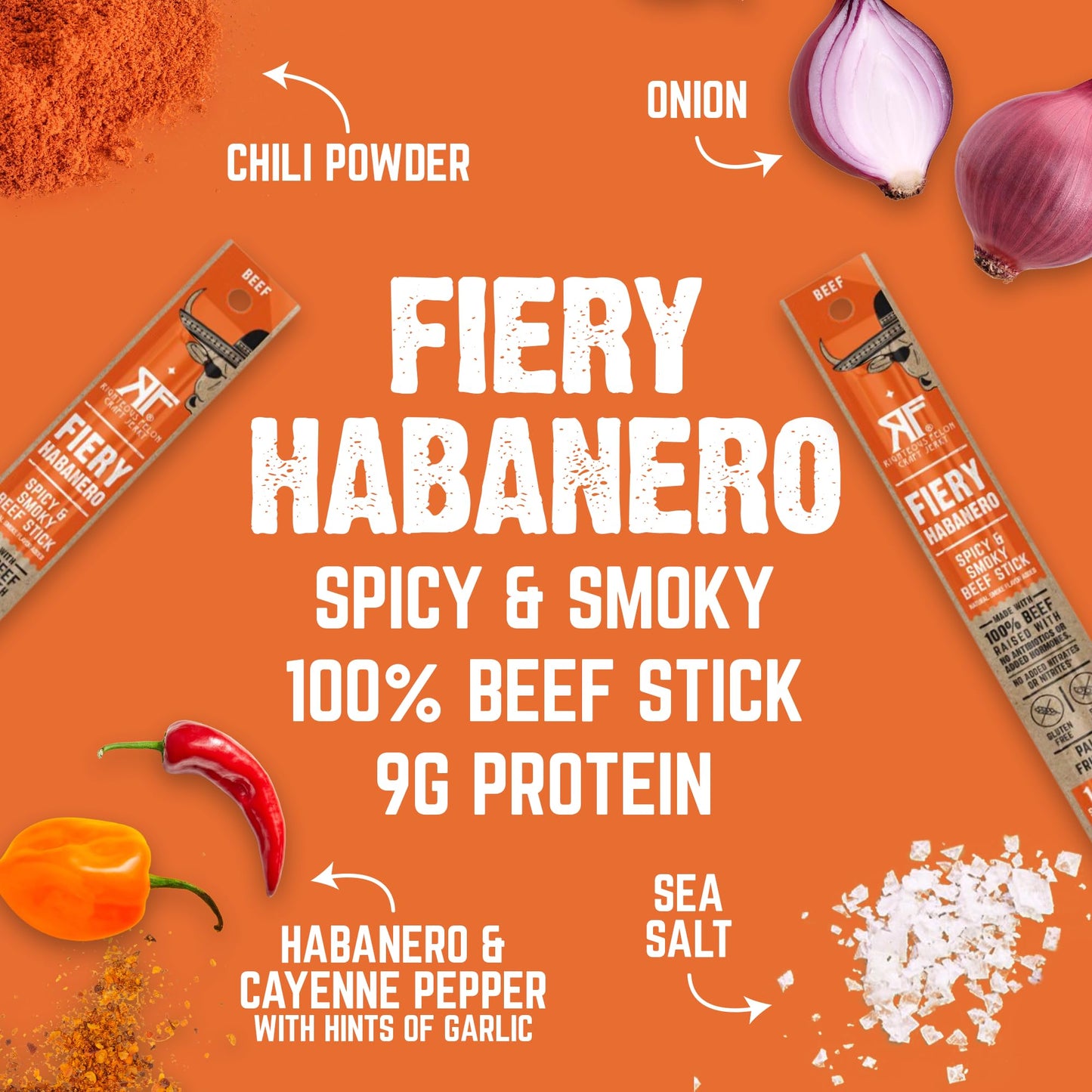 Righteous Felon Meat Sticks | 100% Beef Sticks | Gluten Free & Keto Meat Sticks | Low Sugar & High Protein Beef Sticks | Healthy Snack for Adults | Jerky Gifts for Men | Fiery Habanero, 10 Pack
