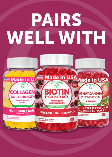 Lunakai USA Made Super Hair Gummies with Biotin, Zinc, Horsetail Extract & Saw Palmetto - Hair Growth Vitamins for Women & Men – Supports Thicker, Longer, Stronger Tresses, Skin & Nails, 60ct