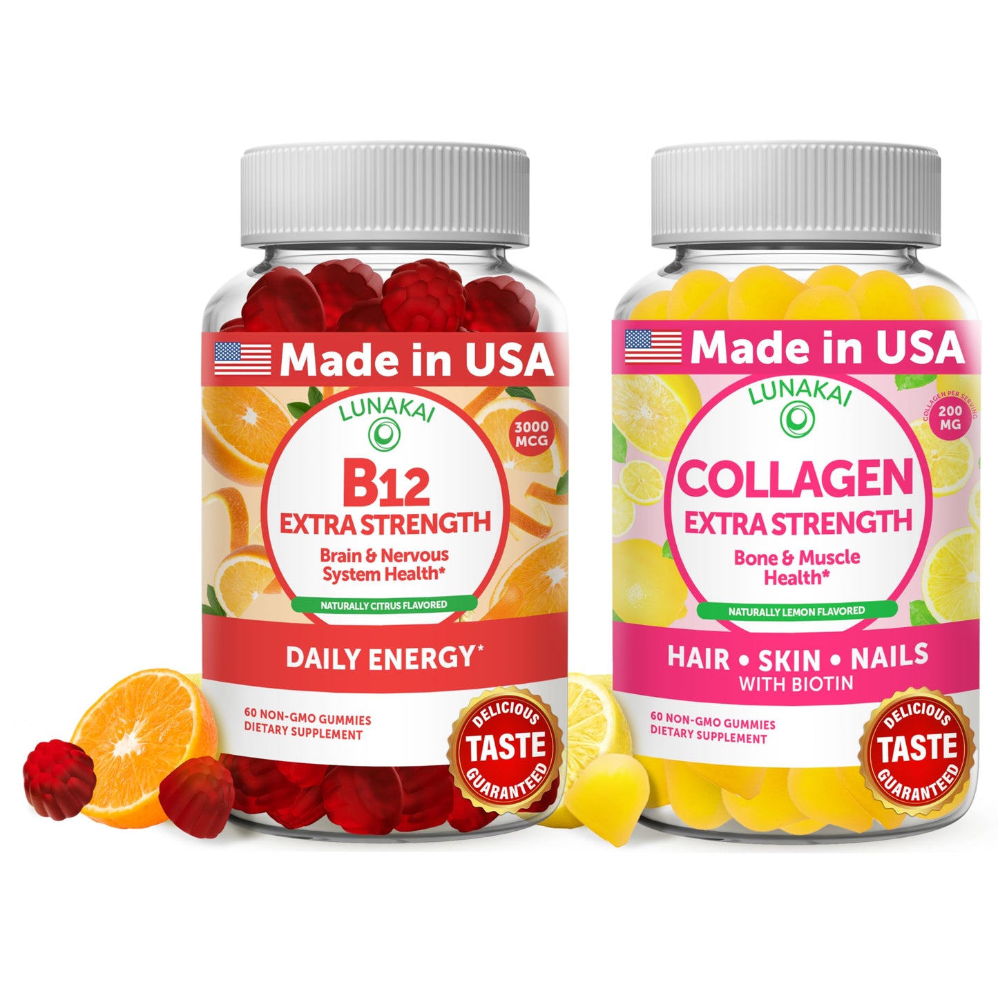 Lunakai Vitamin B12 and Collagen Gummies Bundle - 3000 mcg Methylcobalamin High Absorption Energy Gummies - Non-GMO Anti Aging Supplements for Men & Women - 30 Days Supply