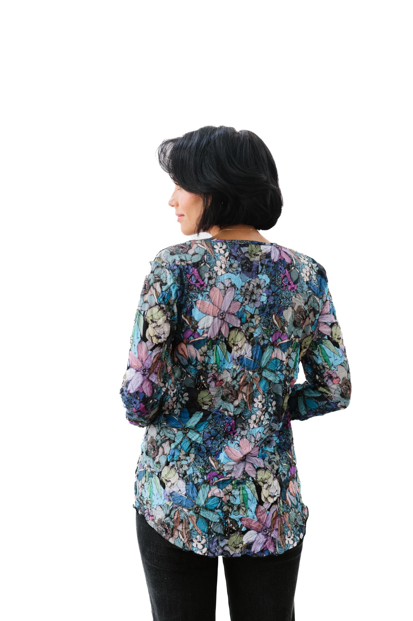 SNO SKINS Fall/Winter Collection Designer Print Crinkle V-Neck Top with Rouched Detail (Potpourri)