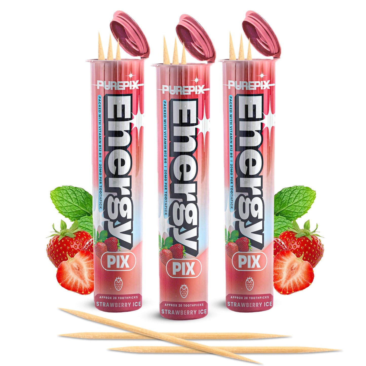 Caffeinated Flavored Toothpicks for Energy & Focus | Sugar-Free Energy Toothpicks with Vitamin B12 & L-Theanine | Kosher, Vegan, 20 Count (Strawberry Ice 3 Pack)