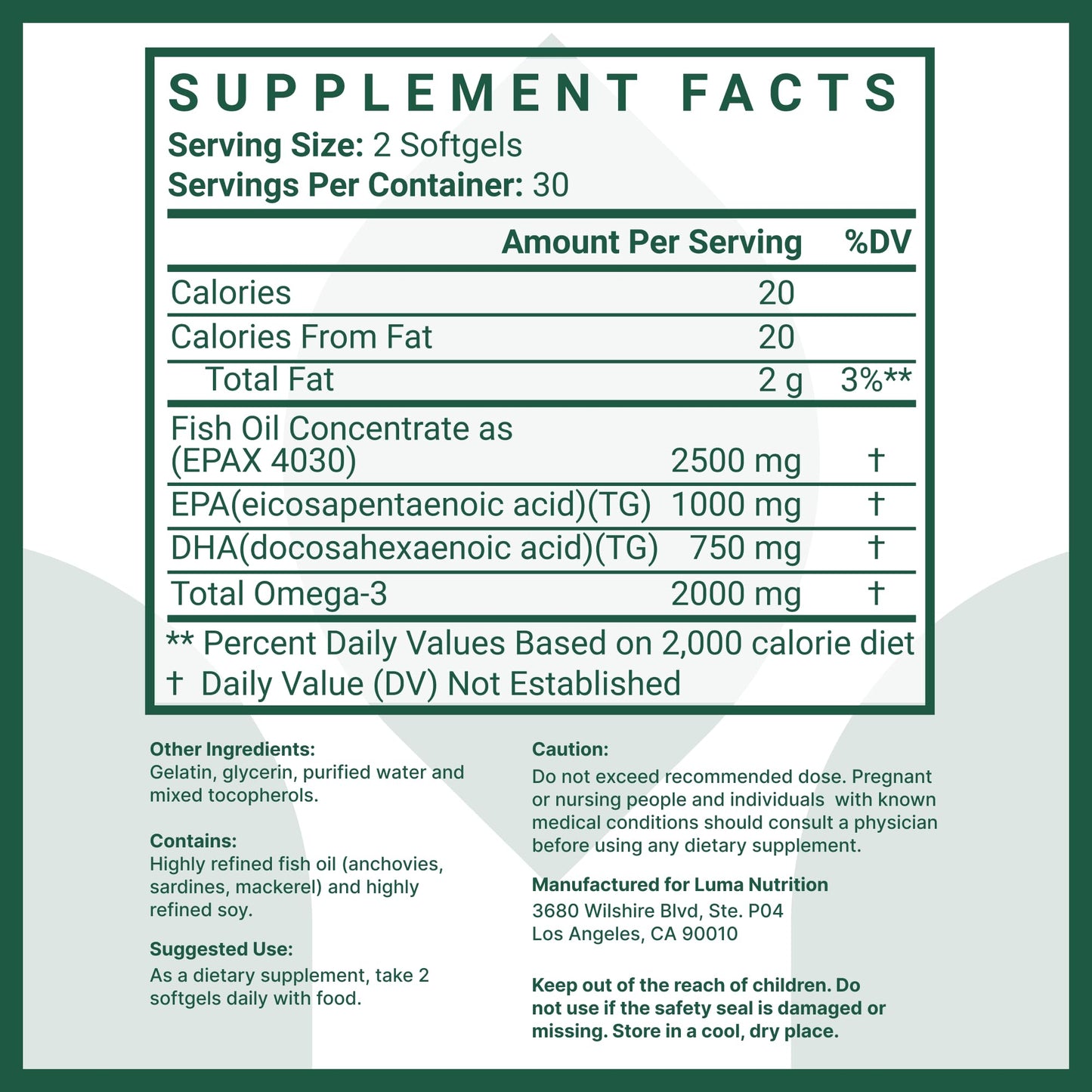 Luma Nutrition Omega 3 Fish Oil Supplement - Extra Strength 2500mg - 2000mg EPA & DHA - Brain and Heart Health - 60 Softgels