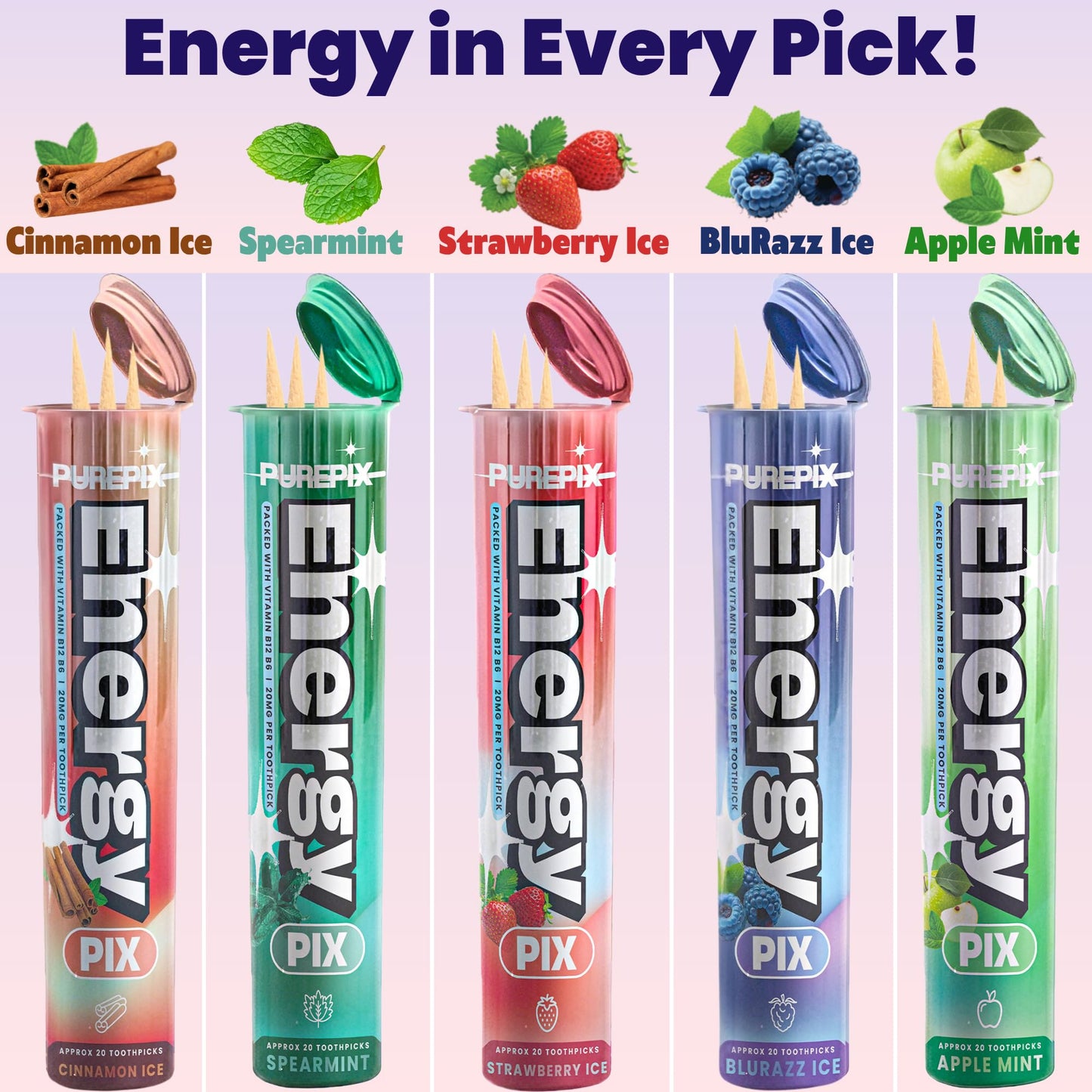 PurePix EnergyPix - Extra Thick Caffeine Flavored Toothpicks with L-Theanine, B12 & B6 for Focus & Energy - Sugar-Free Alternative to Energy Mints & Gum - 20 Count, (4 Flavors Variety Pack)