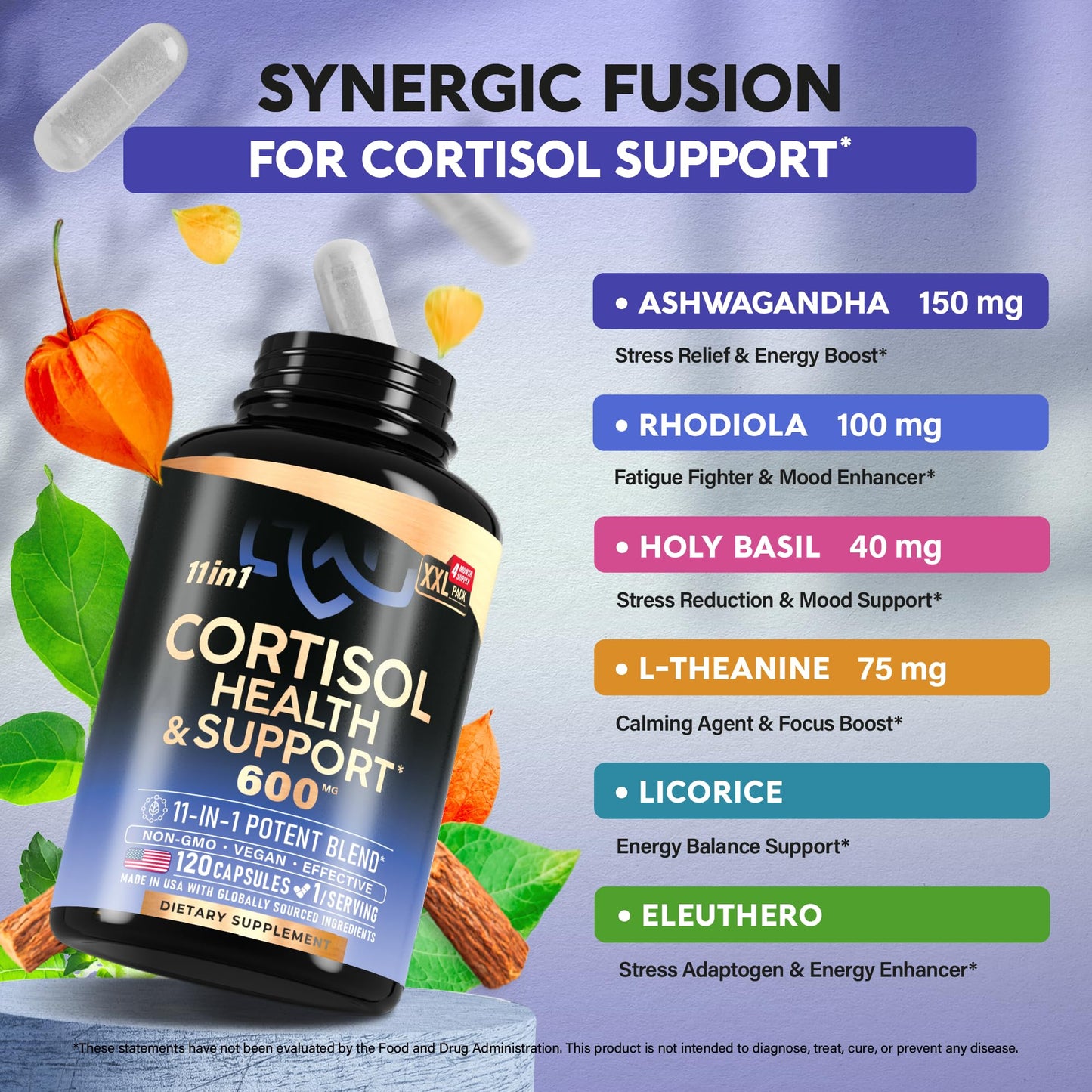 Cortisol Supplement for Women - Natural Based Hormone Balance - Ashwagandha | Rhodiola | Holy Basil | L-Theanine - Mood, Focus & Sleep Support - Made in USA - Vegan, Non-GMO - 120 Capsules for 4 Month