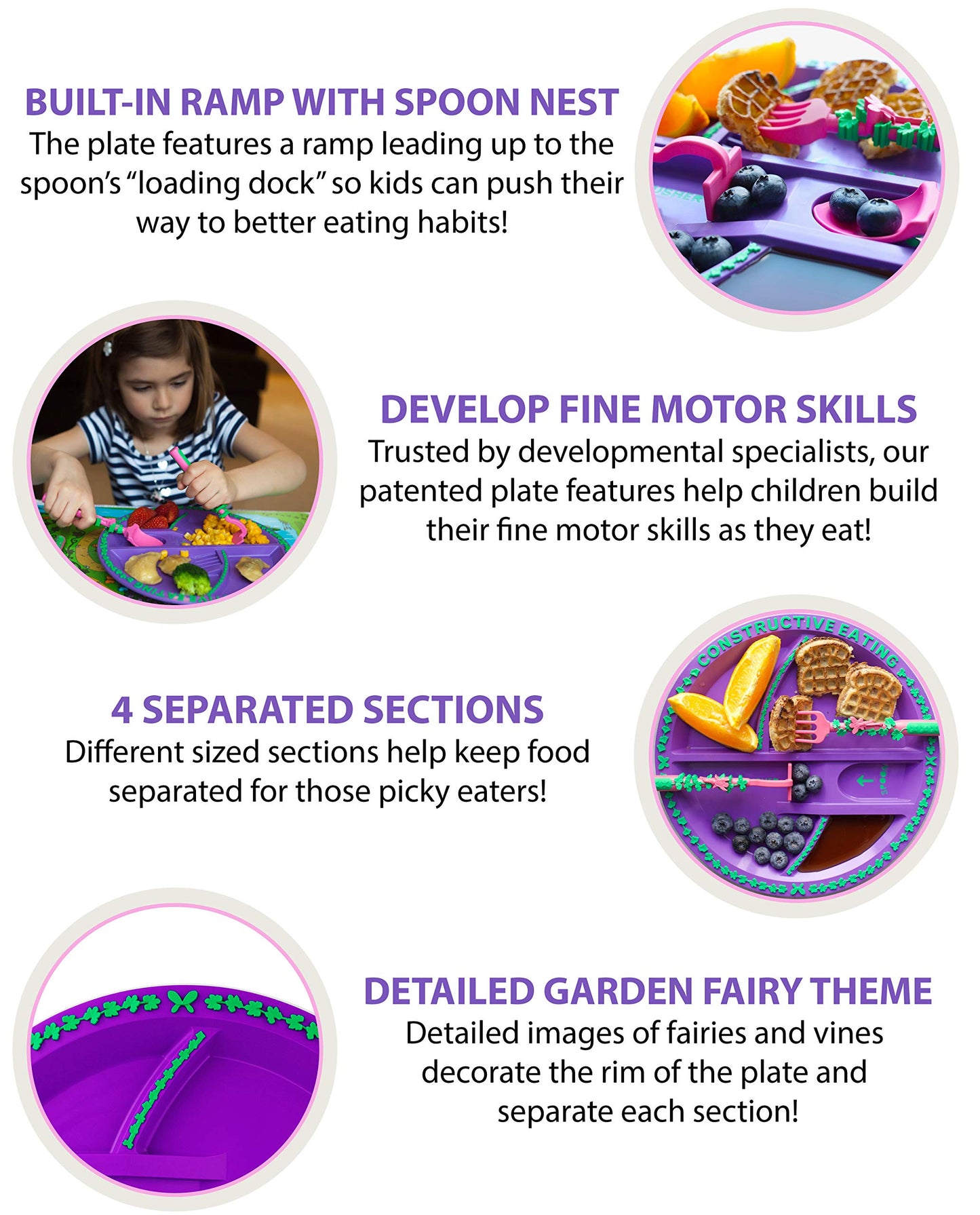 Constructive Eating Plate and Utensils Set - USA-Made Toddler Dinnerware with Divided Plates (Garden Fairy)