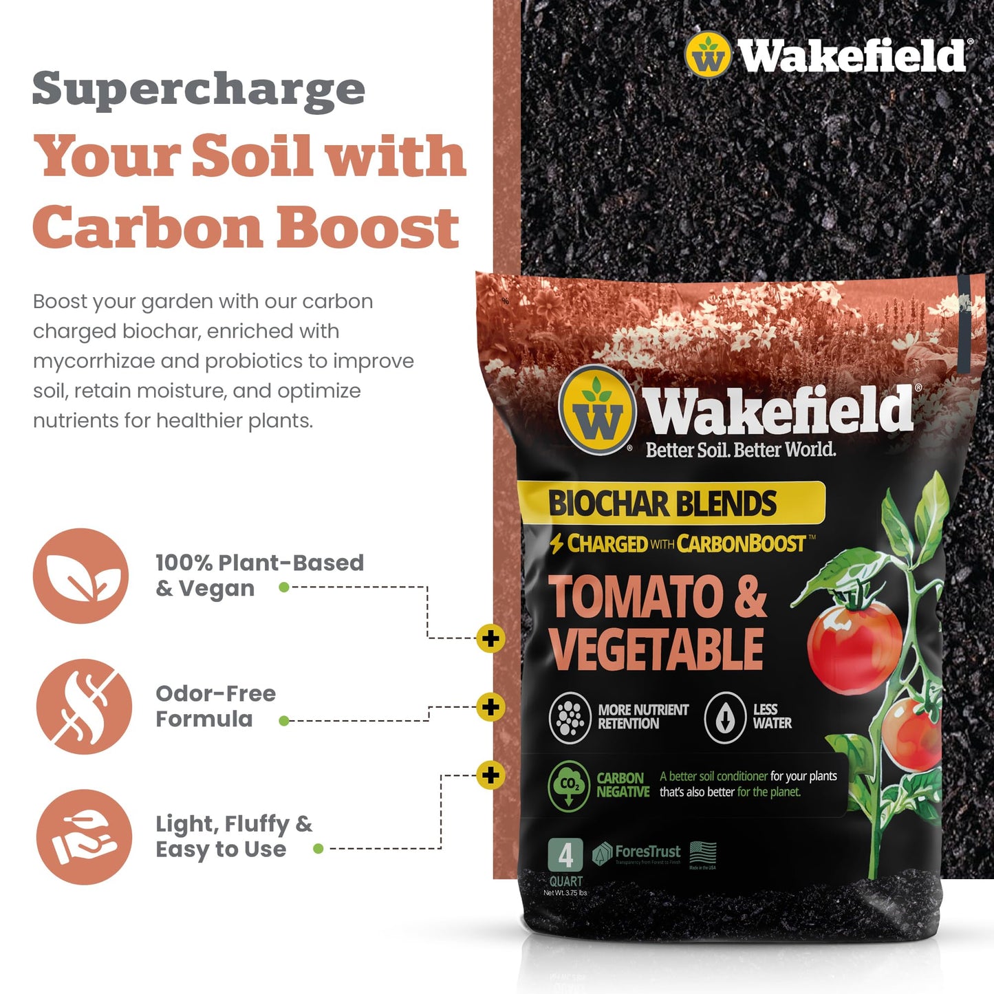 Wakefield Premium Biochar Blend – Organic Potting Soil for Vegetables, Tomatoes & Gardens – Potting Mix Enriched with Humic Acid & CarbonBoost – Versatile Top Soil for Indoor & Outdoor Plants-4quarts