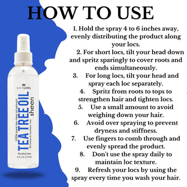 Black Queen Tea Tree Oil Sheen Spray for Locs, Dreadlocks, Twists, Braids, Cornrows, 4C Hair - Moisturizing, Refreshing - Made in the USA - 2 oz