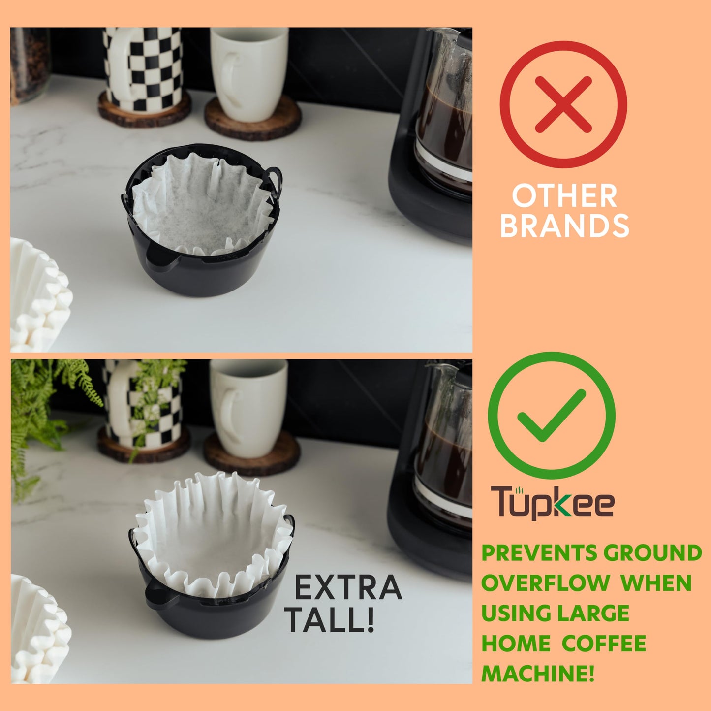 Tupkee Large Coffee Filters 12 Cup - (500 Count) 9.75" x 4.25" Tall Walled Premium Coffee Filter to Prevent Messy Ground Overflow - Compatible with Bunn Commercial & Large Home Machines - Made in USA