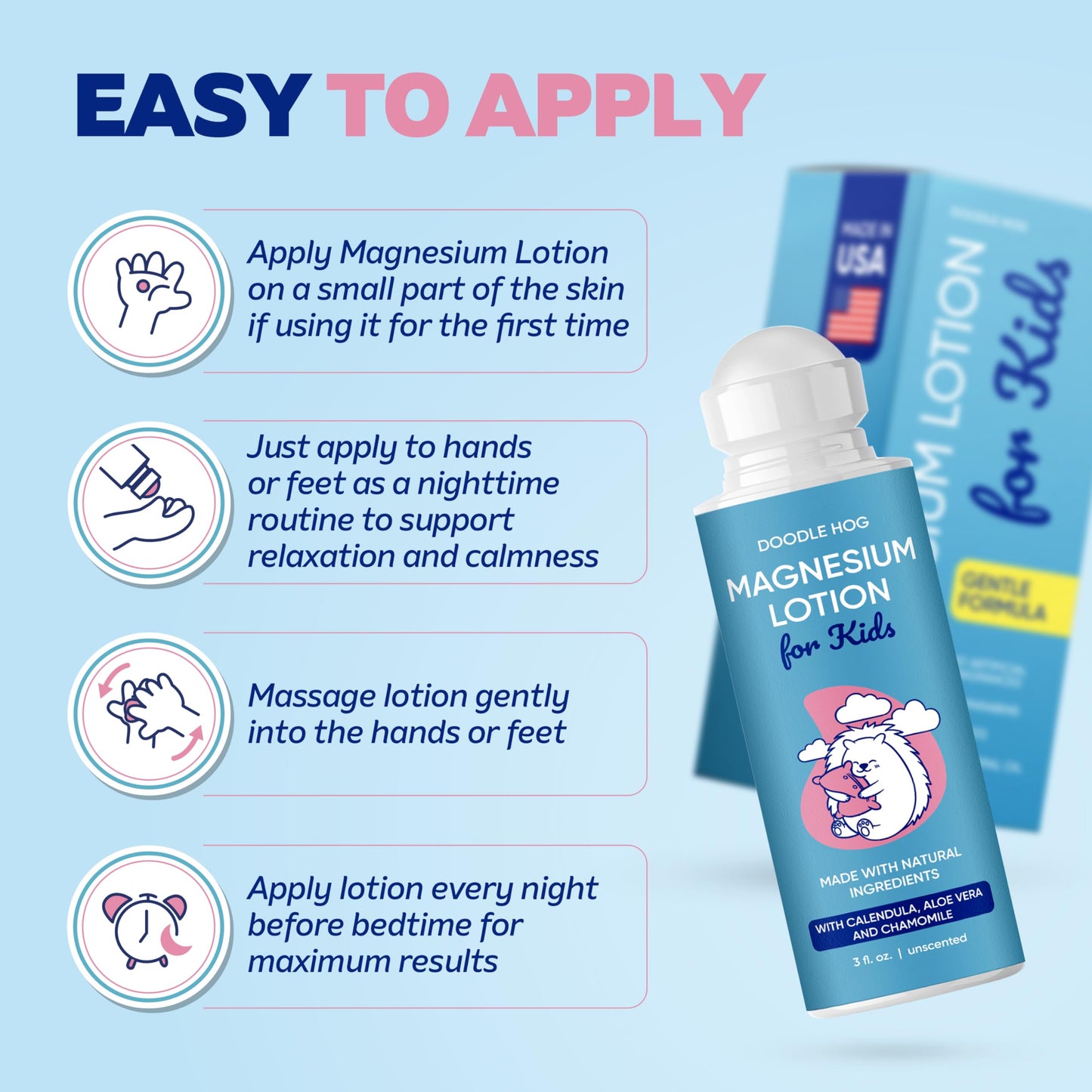 DOODLE HOG Magnesium Lotion for Kids, With Calendula, Aloe Vera and Chamomile, Magnesium Lotion for Sleep, Made in USA Kids, Roll-On Application, 3 fl oz