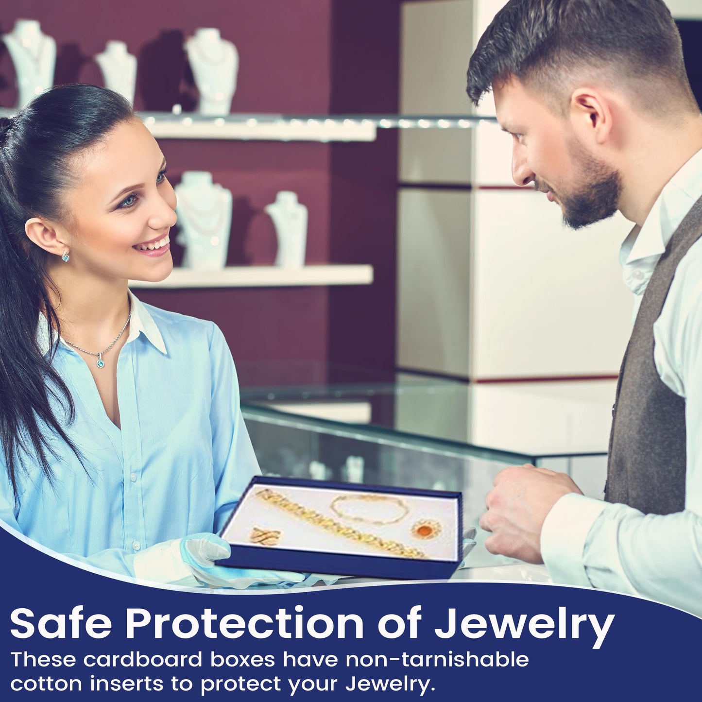 Novel Box 8 Pack Blue Jewelry Gift Box 7x5x1.25in with Cotton Filled | Cardboard Jewelry Box | Gift Boxes with Lids Made in USA | Boxes for Bracelet Necklace Ring Earrings