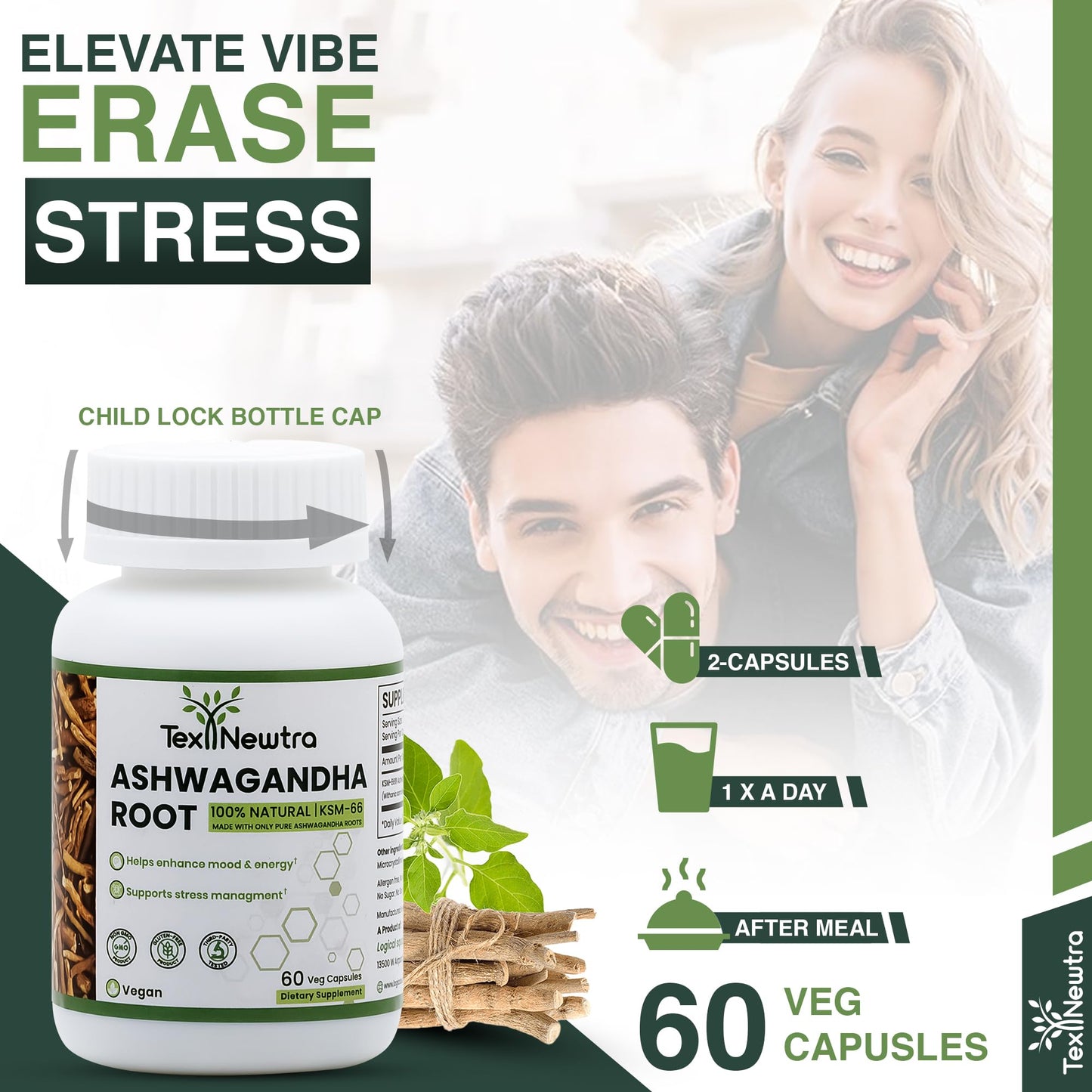 TEX NEWTRA KSM-66 Ashwagandha Root Extract 600mg, 60 Capsules - 5% Withanolides - Full-Spectrum Root Extract