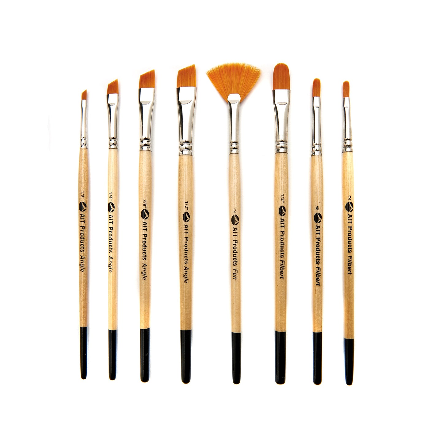 AIT Art Paint Brushes, Set of 8 Includes Angle Shaders, Filberts, and a Fan, Handmade in USA to Last Longer Without Shedding or Breaking, Allowing Painting with Brushes That Artists Trust to Perform