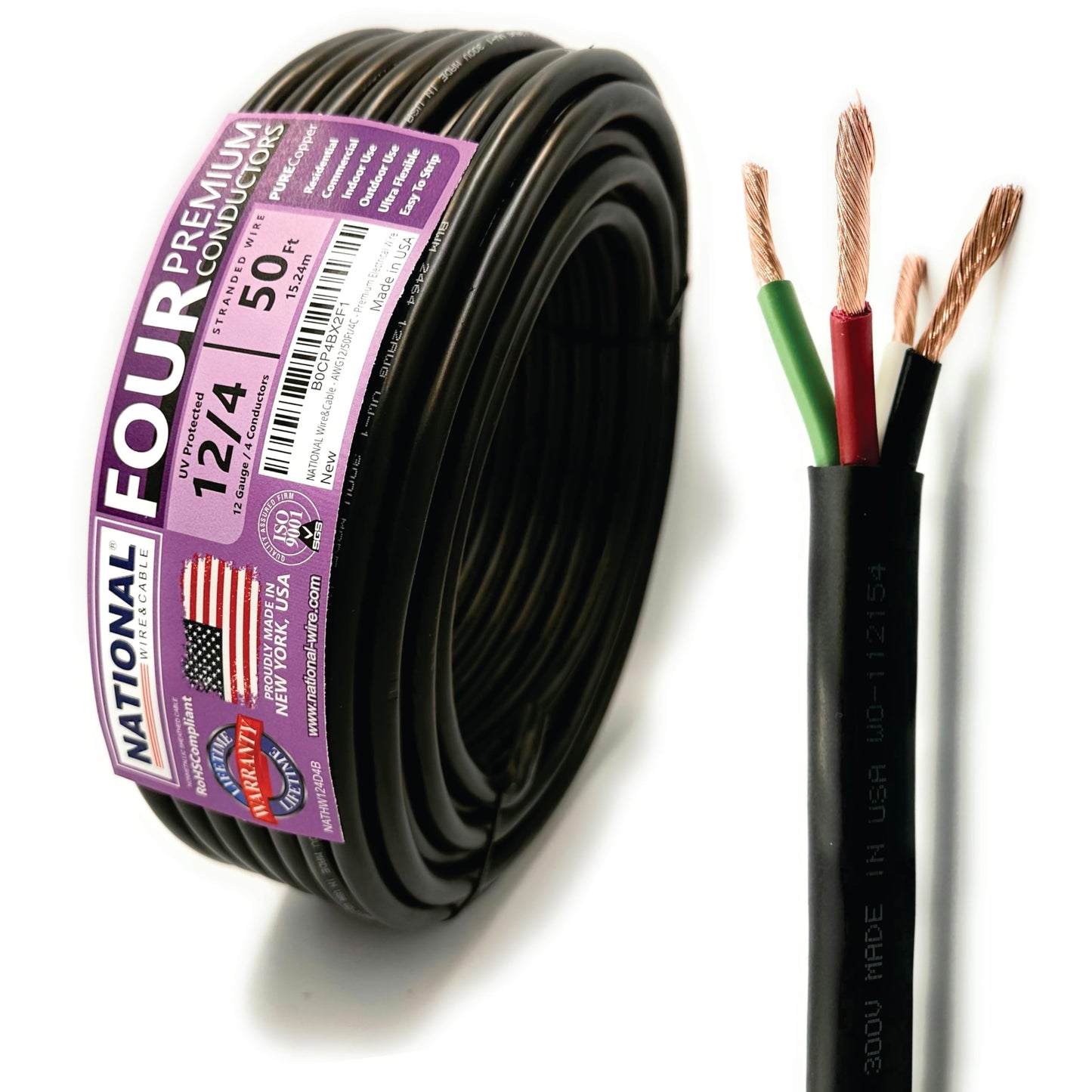 NATIONAL Wire&Cable - 12 Gauge 4 Conductors Premium Electrical Wire - Made in USA - 12 AWG Wire Stranded PVC Cord Copper Cable 50 Ft. Indoor and Outdoor Lighting Automotive Battery