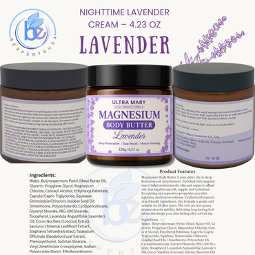 Magnesium Body Butter 4.23oz – Nighttime Lavender Cream – Natural & Vegan Lotion with Shea Butter, Jojoba Oil, Coconut Extract & Dandelion – Topical Relief for Muscle Tension – Kid-Friendly