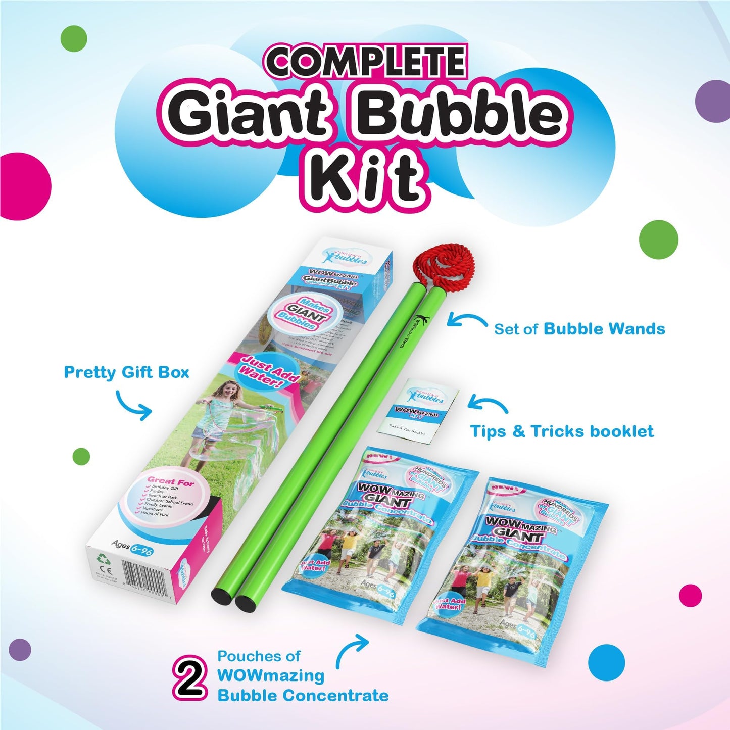 WOWmazing Giant Bubble Wands Kit: (4-Piece Set) | Incl. Wand, Big Bubble Concentrate and Tips & Trick Booklet | Outdoor Toy for Kids, Boys, Girls | Bubbles Made in The USA
