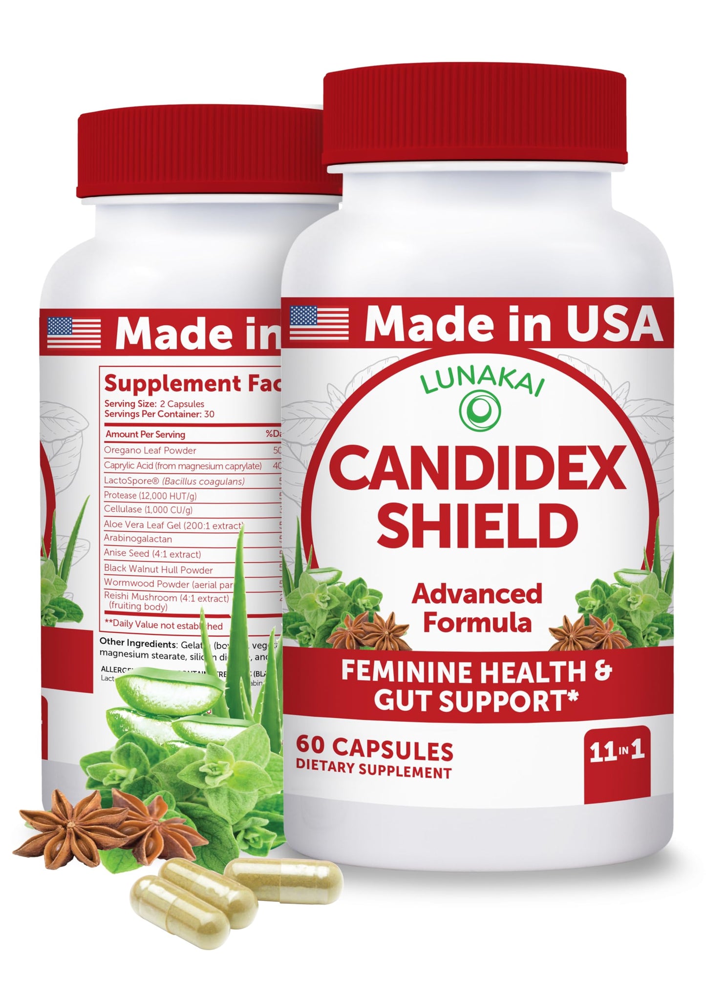 Lunakai USA Made Candida Cleanse Detox for Women & Men – 11-in-1 Gut Cleanse & Candida Support with Caprylic Acid & Enzymes, 60ct