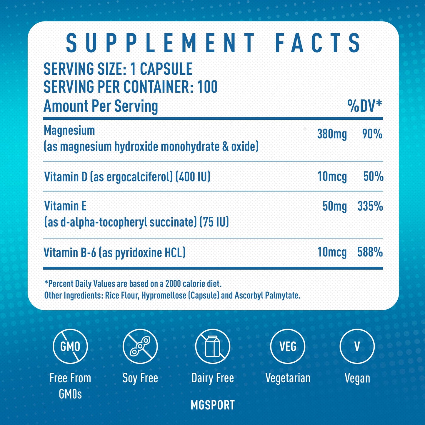 Magnesium Supplement Complex MGSPORT - High Absorption Supplement with Vitamins B6, D, E - Relieves Leg Cramps & Muscle Support - 100 Servings