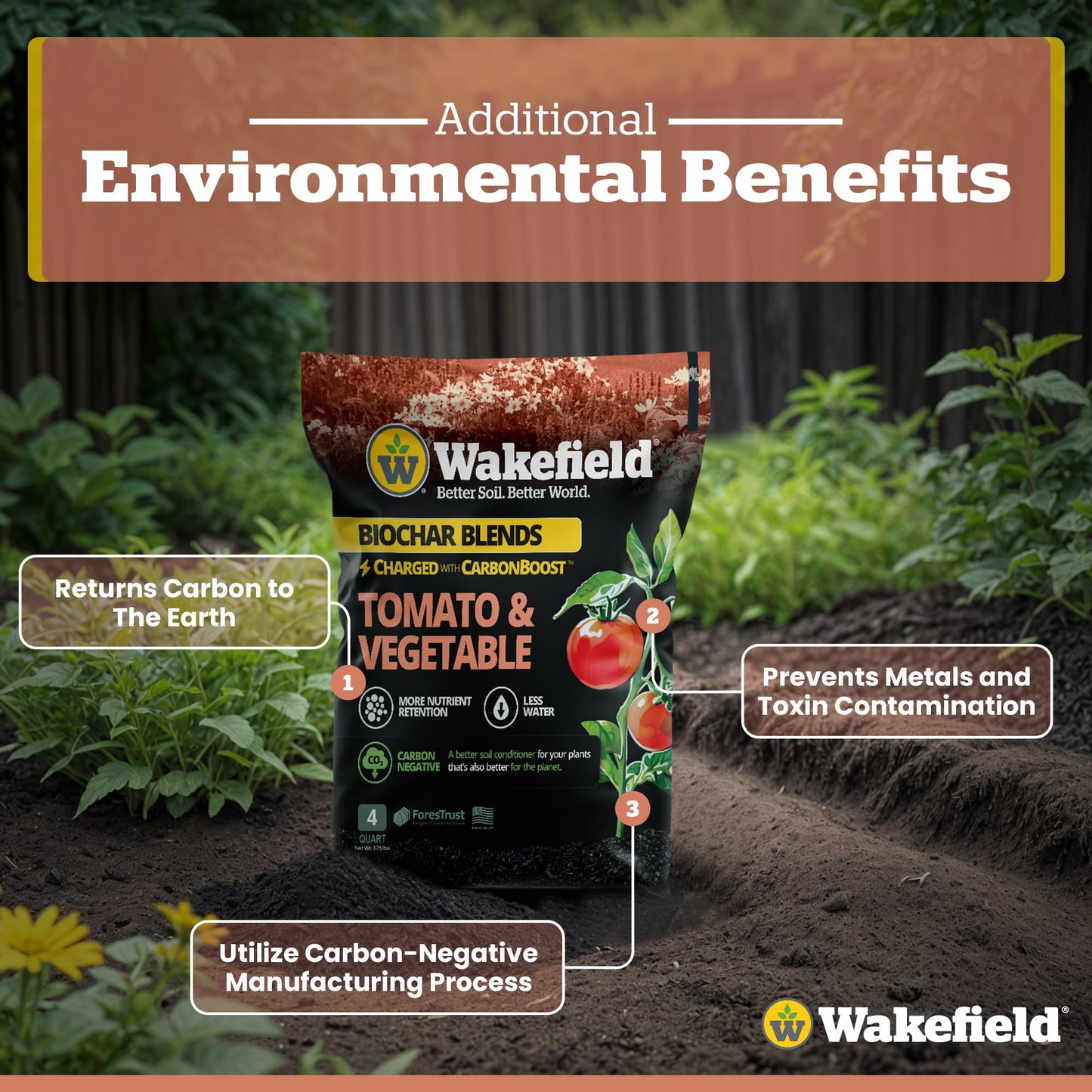 Wakefield Premium Biochar Blend – Organic Potting Soil for Vegetables, Tomatoes & Gardens – Potting Mix Enriched with Humic Acid & CarbonBoost – Versatile Top Soil for Indoor & Outdoor Plants-4quarts