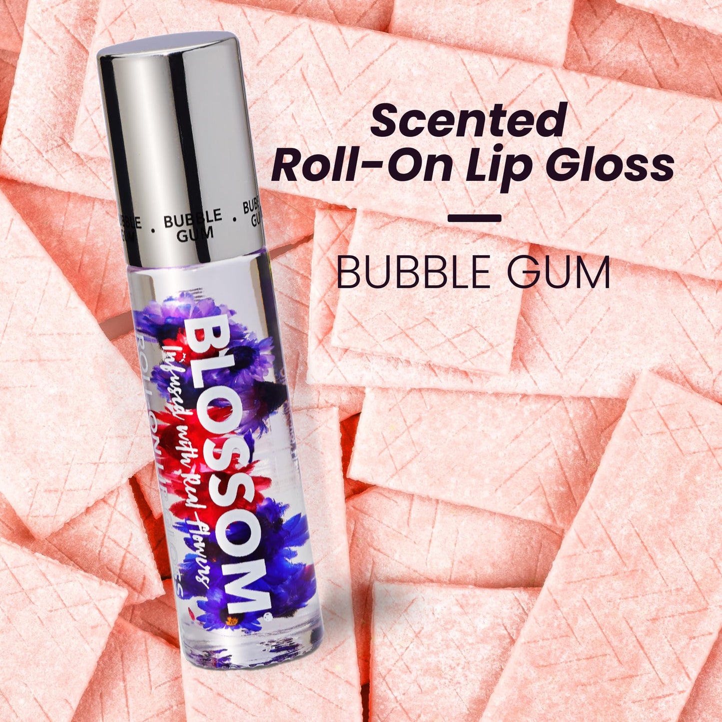 Blossom Roll on Lip Gloss, Scented Clear High Shine Moisturizing Lip Oil, Non Sticky, Infused with Real Flowers, Made in USA, 0.2oz, Bubble Gum