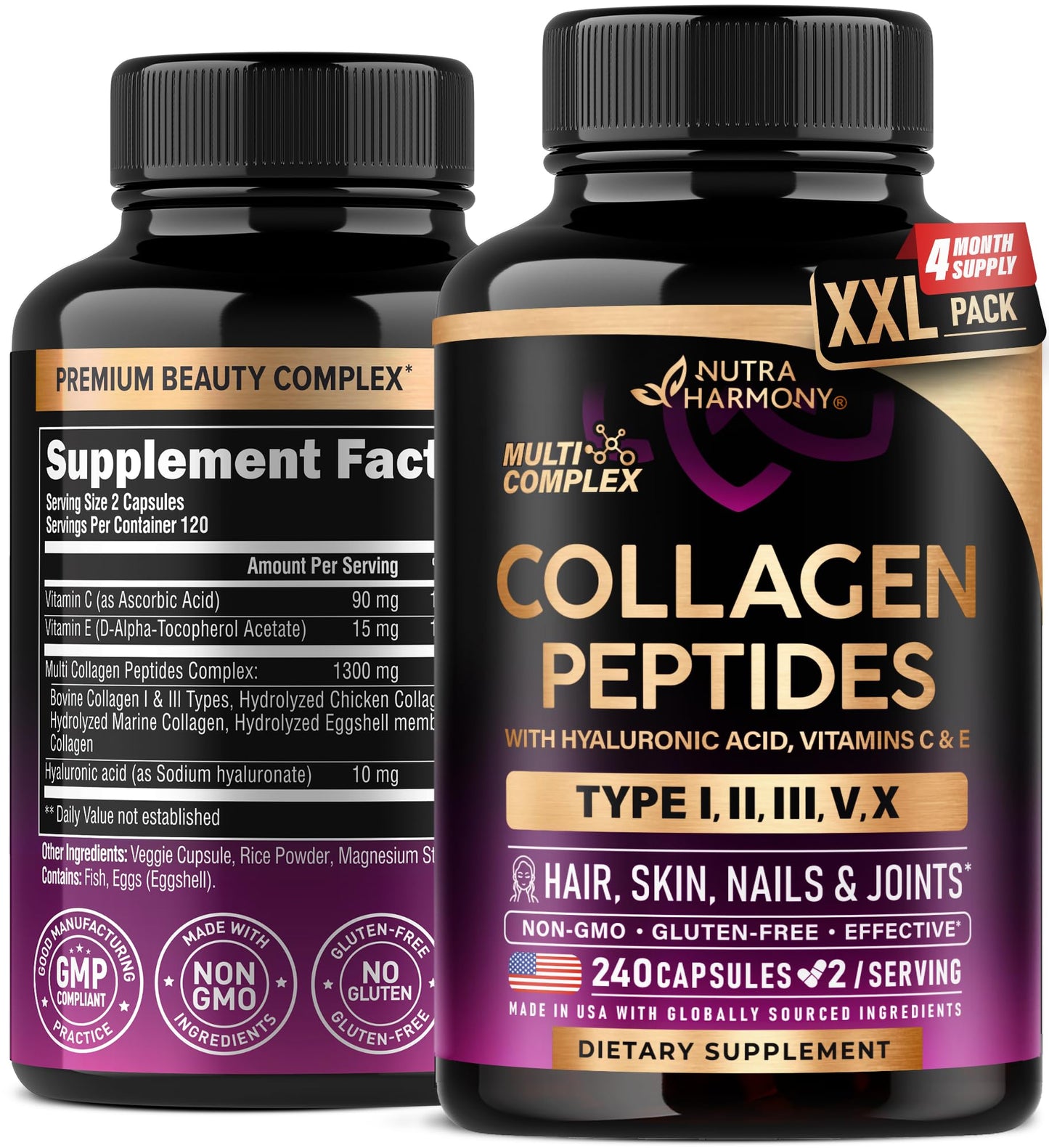 Multi Collagen Peptides - Hydrolyzed Types I, II, III, V & X - Collagen Supplement for Women 1300mg - w/ Hyaluronic Acid, Vitamins C & E - Skin, Hair, Nails & Joint Support - Made in USA, 240 Capsules