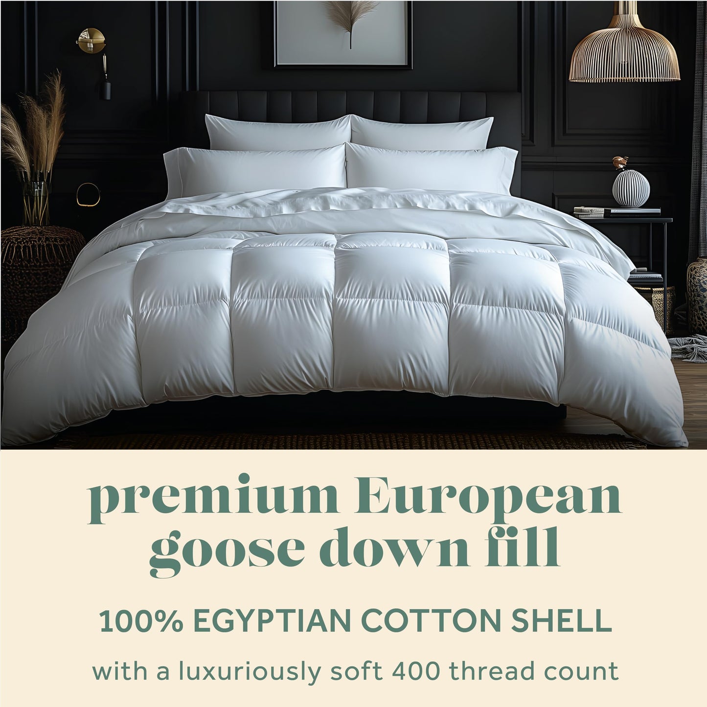 ComfyDown Goose Down White Comforter - Made in USA - 100% Egyptian Cotton 400 Thread Count Cover, 650+ Fill Power, Light Weight, All Season Washable Duvet Insert with Corner tabs