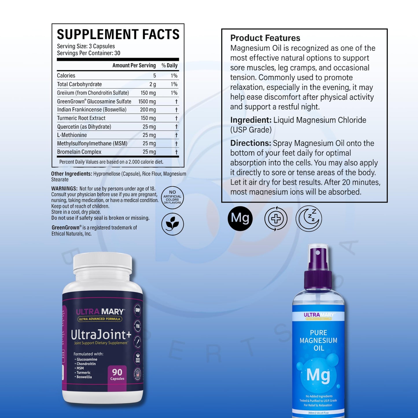 Joint Support UltraMary+(90 Capsules)+Pure Magnesium Oil Spray(300 ml) Combo–Glucosamine 1500mg, Chondroitin, MSM,Turmeric & Boswellia–Mobility, Flexibility & Muscle Relief|Articulaciones & Músculos