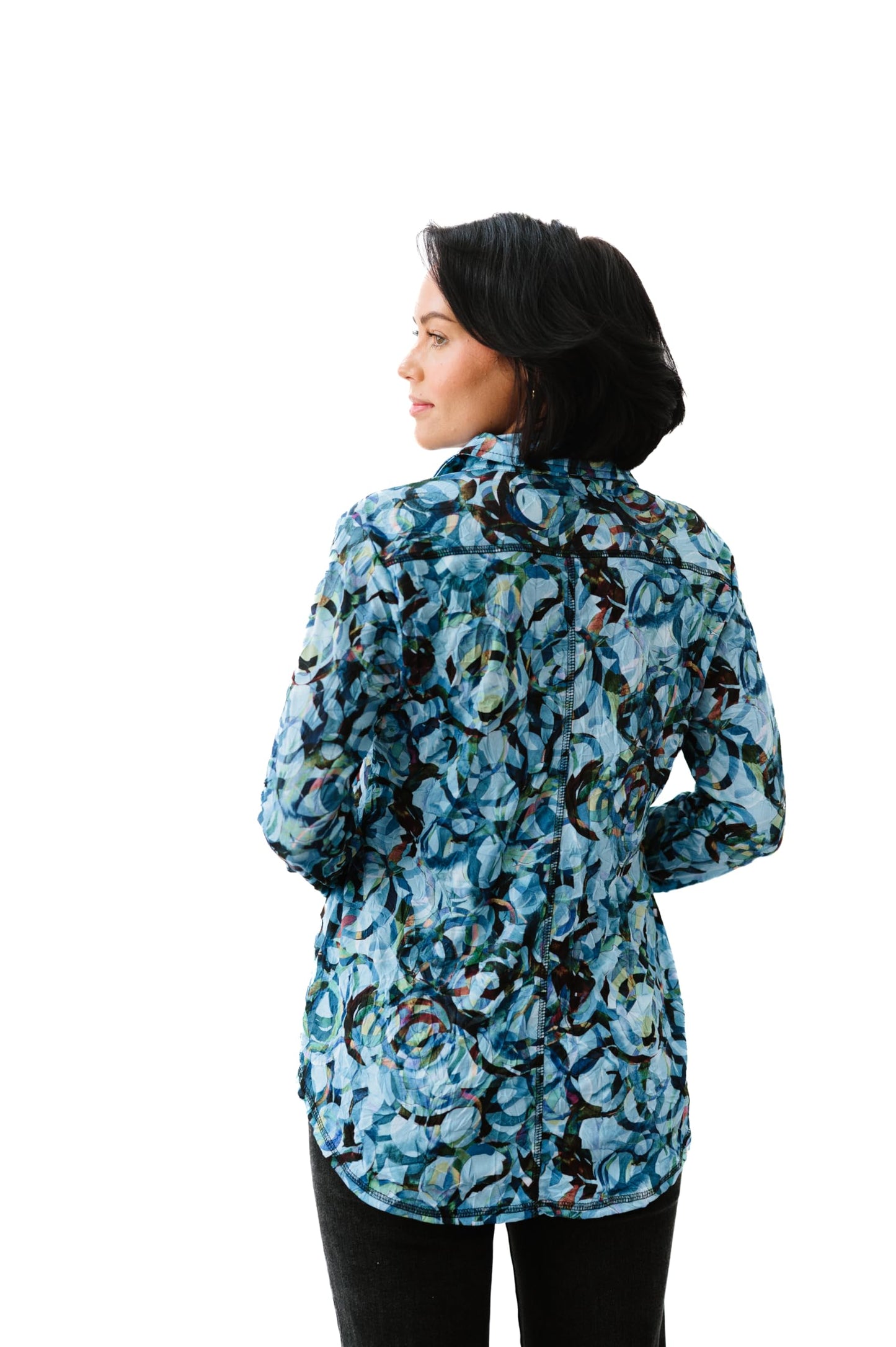 SNO SKINS Fall/Winter Collection Designer Print Crinkle Button-Down Shirt (Denim)