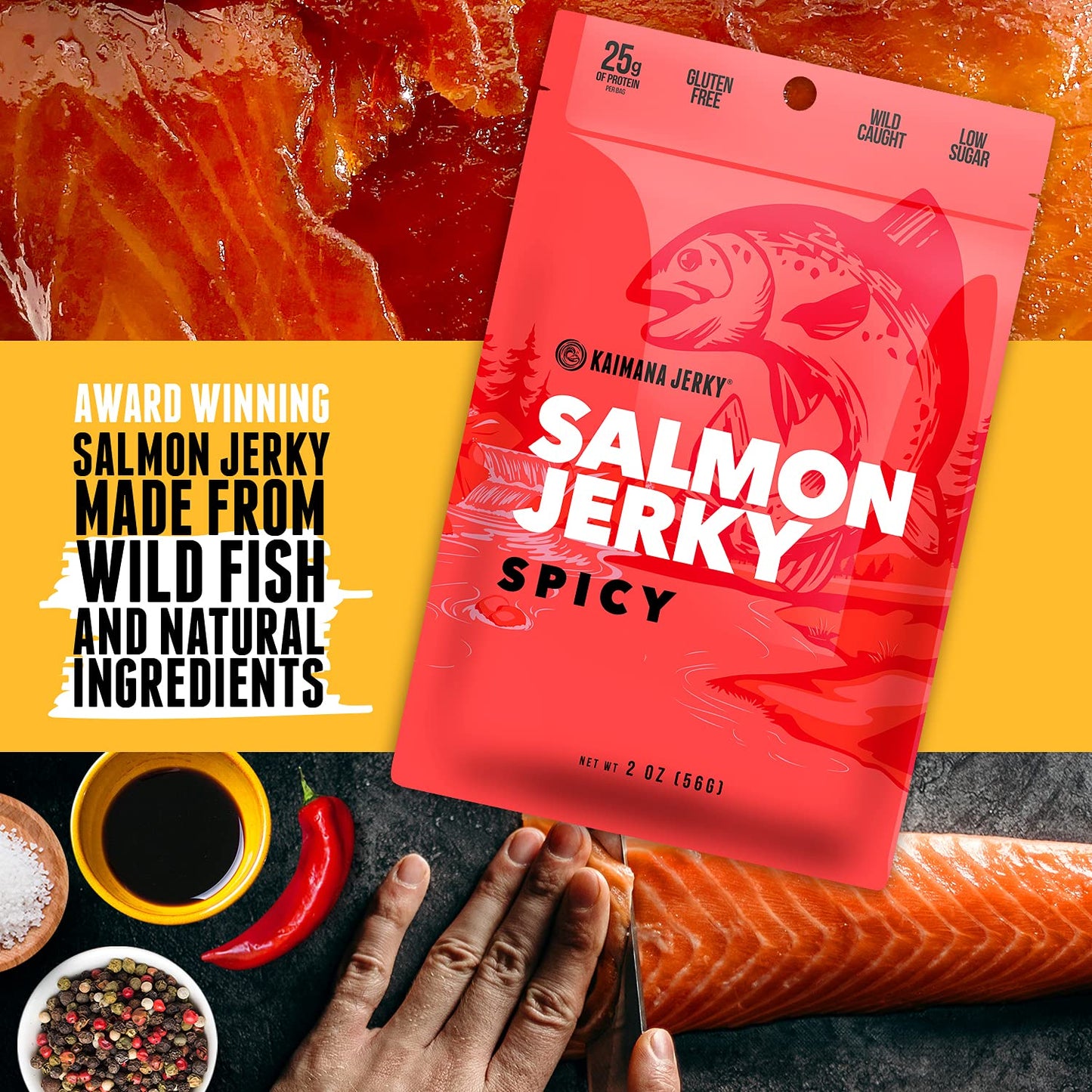 Kaimana Jerky Wild Caught Salmon Jerky - Organic Gourmet Dried Fish Strips Rich in Omega-3 & Protein - Low-Calorie Sweet Seafood Snack with No Gluten, Less Sodium & Sugar - Spicy Flavor - 2oz Pack