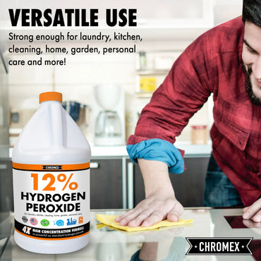 Chromex Hydrogen Peroxide 12 Percent Food Grade, 4x Power Concentrated Solution, 2 Gallons Dilute to 8 Gallons, Versatile Uses include Topical Care, Home, Kitchen, Bath Cleaner, Laundry, Whitening