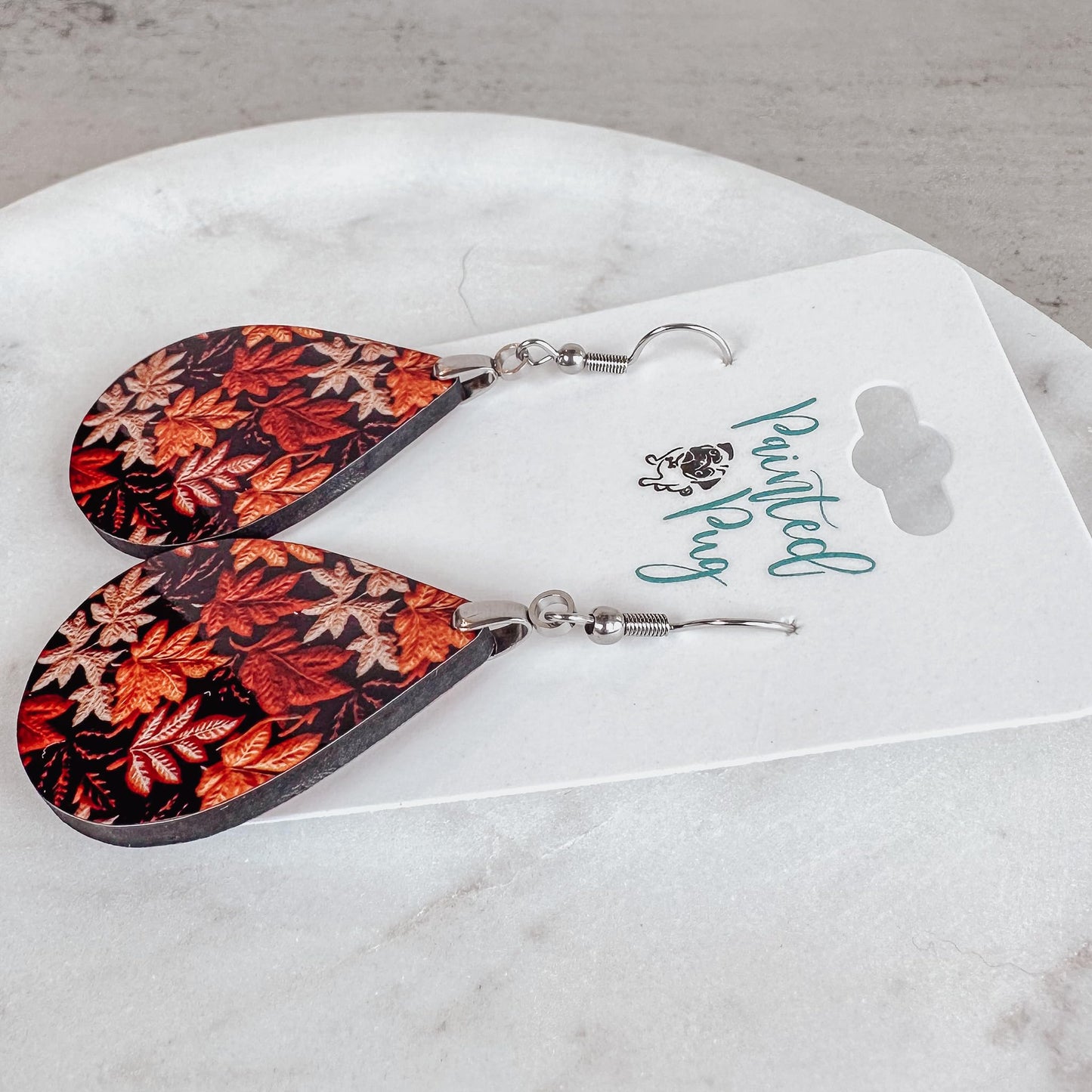 Fall Earrings for Women Autumn Lightweight Teardrop Dangle Fun Colorful Statement Jewelry Handmade by the Painted Pug (Fall Leaves Org Brwn)
