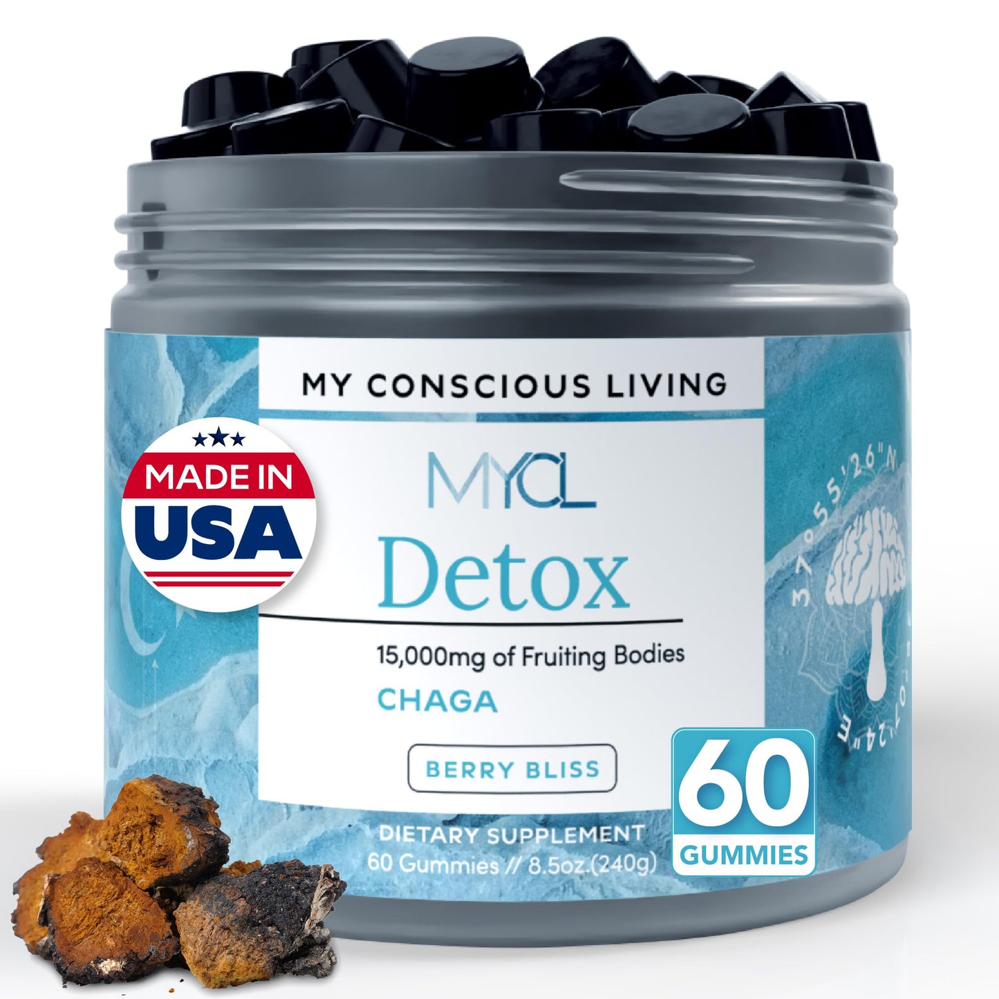 MYCL Detox Chaga Mushroom Gummies – Antioxidant & Immune Support Supplement – 250mg Fruiting Bodies – Vegan, Gluten-Free – Blueberry Lemonade Flavor – 60 Count