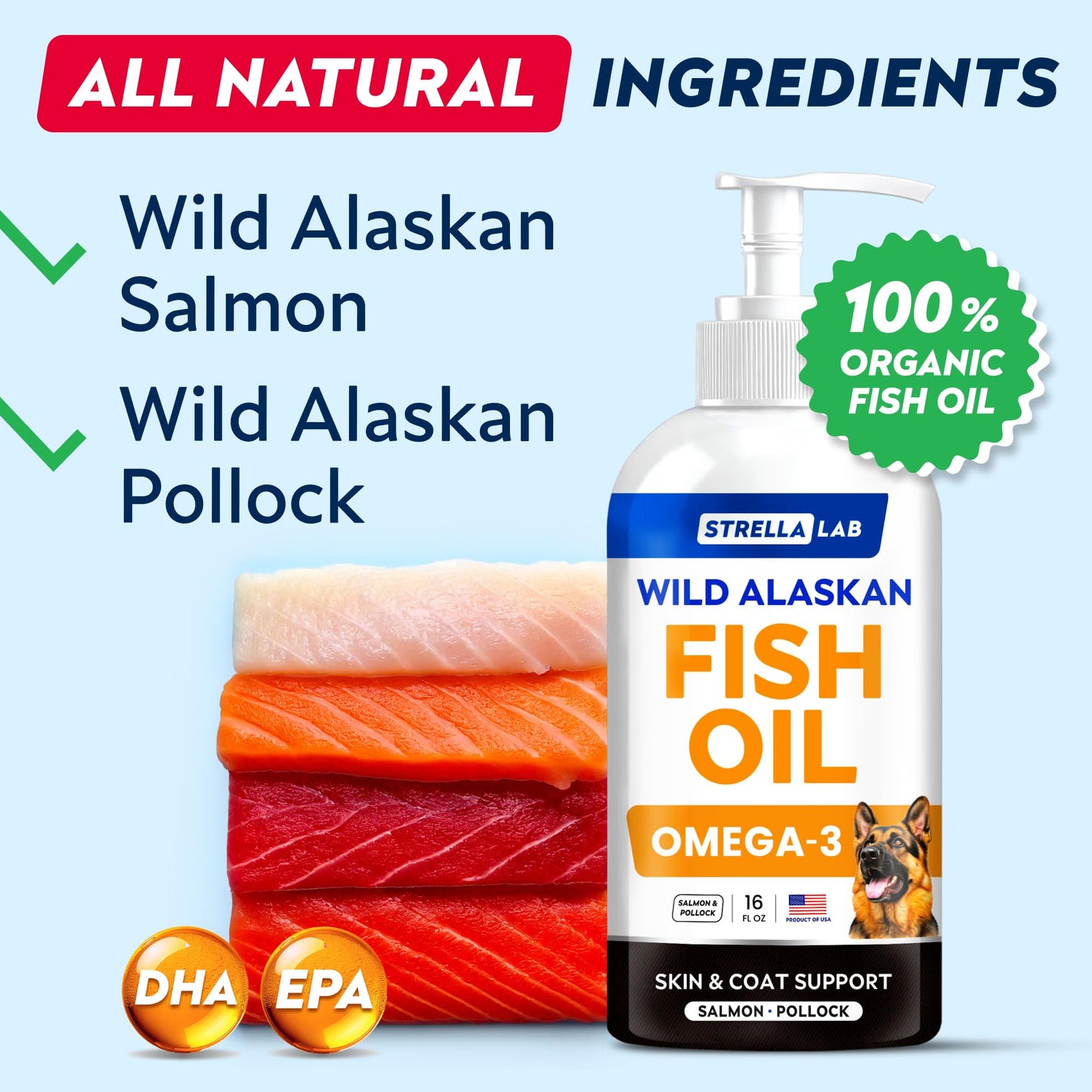STRELLALAB Fish Oil for Dogs & Cats - Natural Omega-3 - Skin & Coat Support - Liquid Food Supplement for Pets - Natural EPA + DHA Fatty Acids for Joint Function, Immune & Heart Health 16oz - Pollock