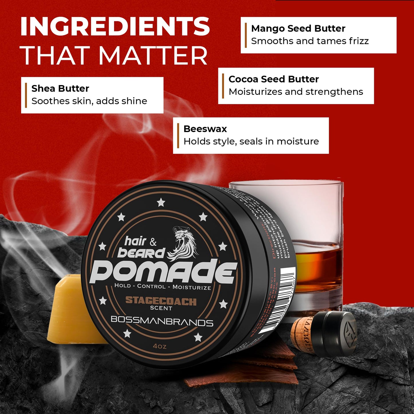 Bossman Hair & Beard Pomade for Men (Stagecoach Scent) – Medium Hold & Moisturizing for Hair, Beard & Mustache Styling – Made in USA