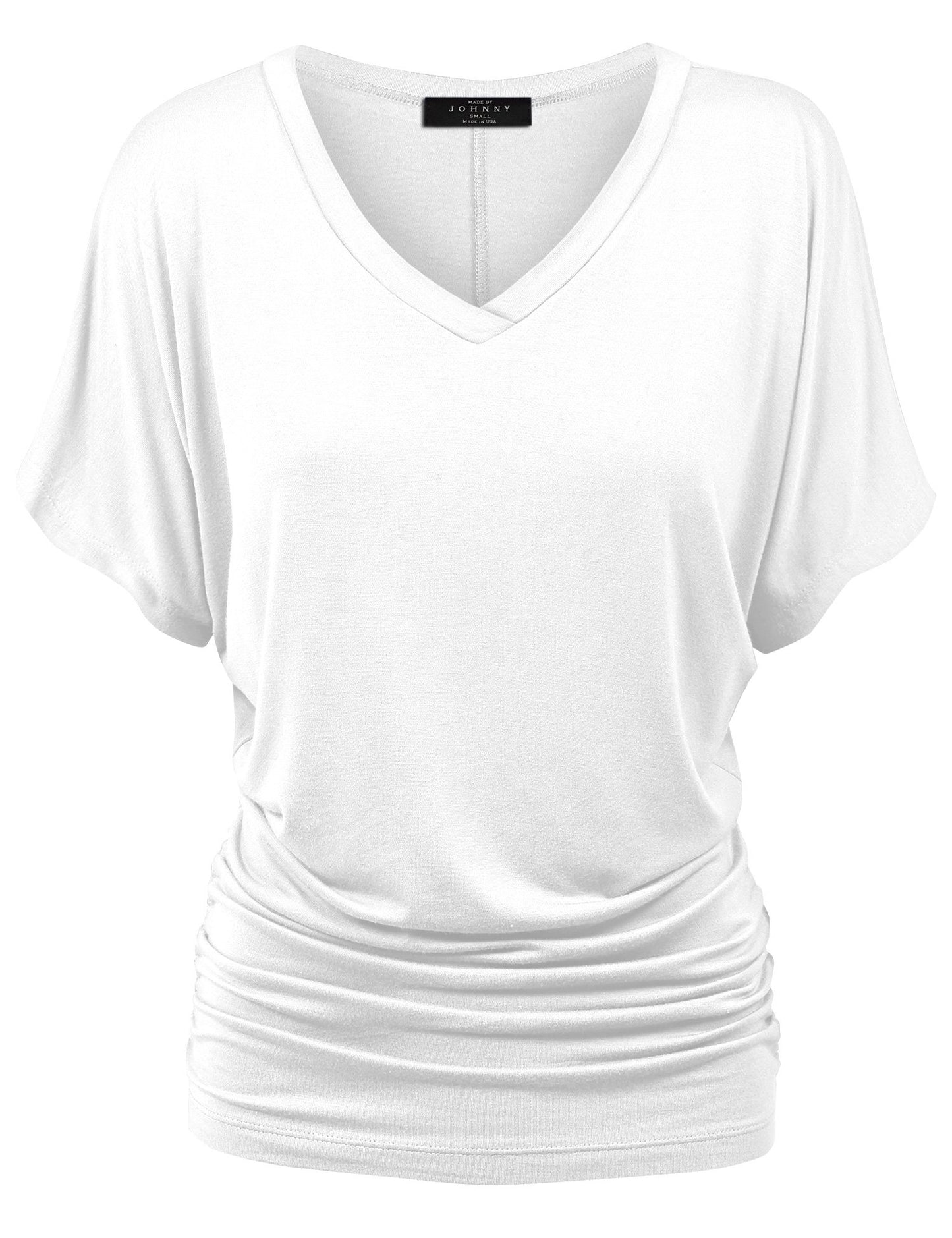 Made By Johnny MBJ WT1037 V Neck Short Sleeve Dolman Top with Side Shirring