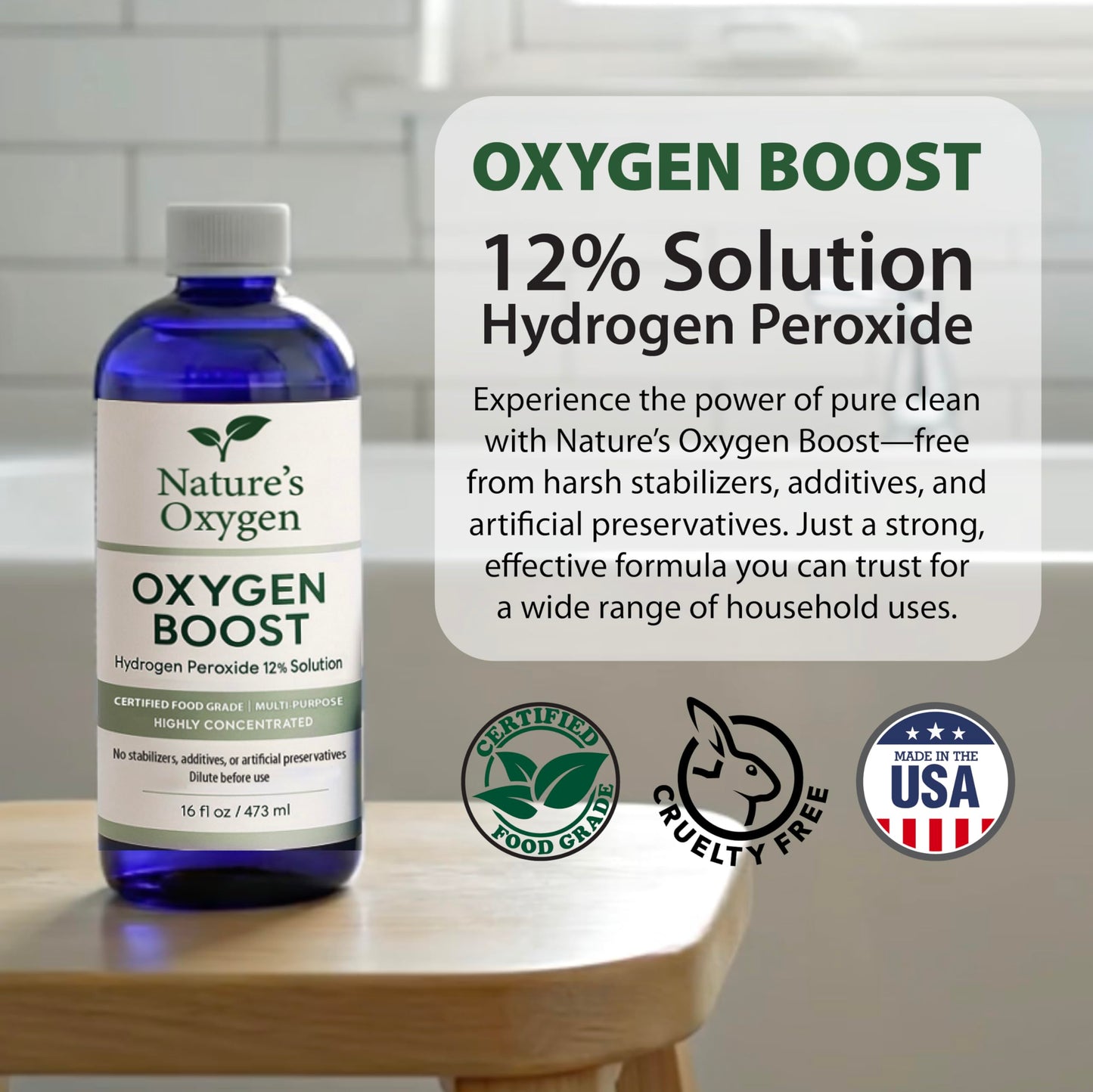 Nature’s Oxygen Food Grade Hydrogen Peroxide 12% Solution, 16 fl oz Pint Bottle, No Added Stabilizers, Highly Concentrated, Made in USA
