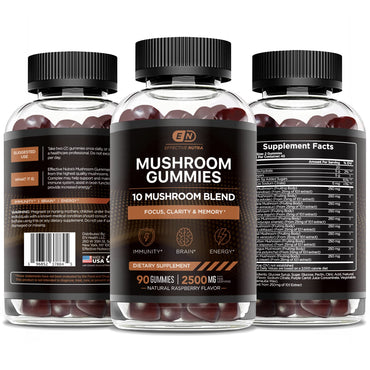 EFFECTIVE NUTRA Mushroom Gummies 2500mg | 10 Blend w/Lions Mane, Reishi, Chaga, Cordyceps & More | Focus, Memory, Immunity, Energy | Natural Berry Flavor Supplement | Vegan, Made in USA (90ct)
