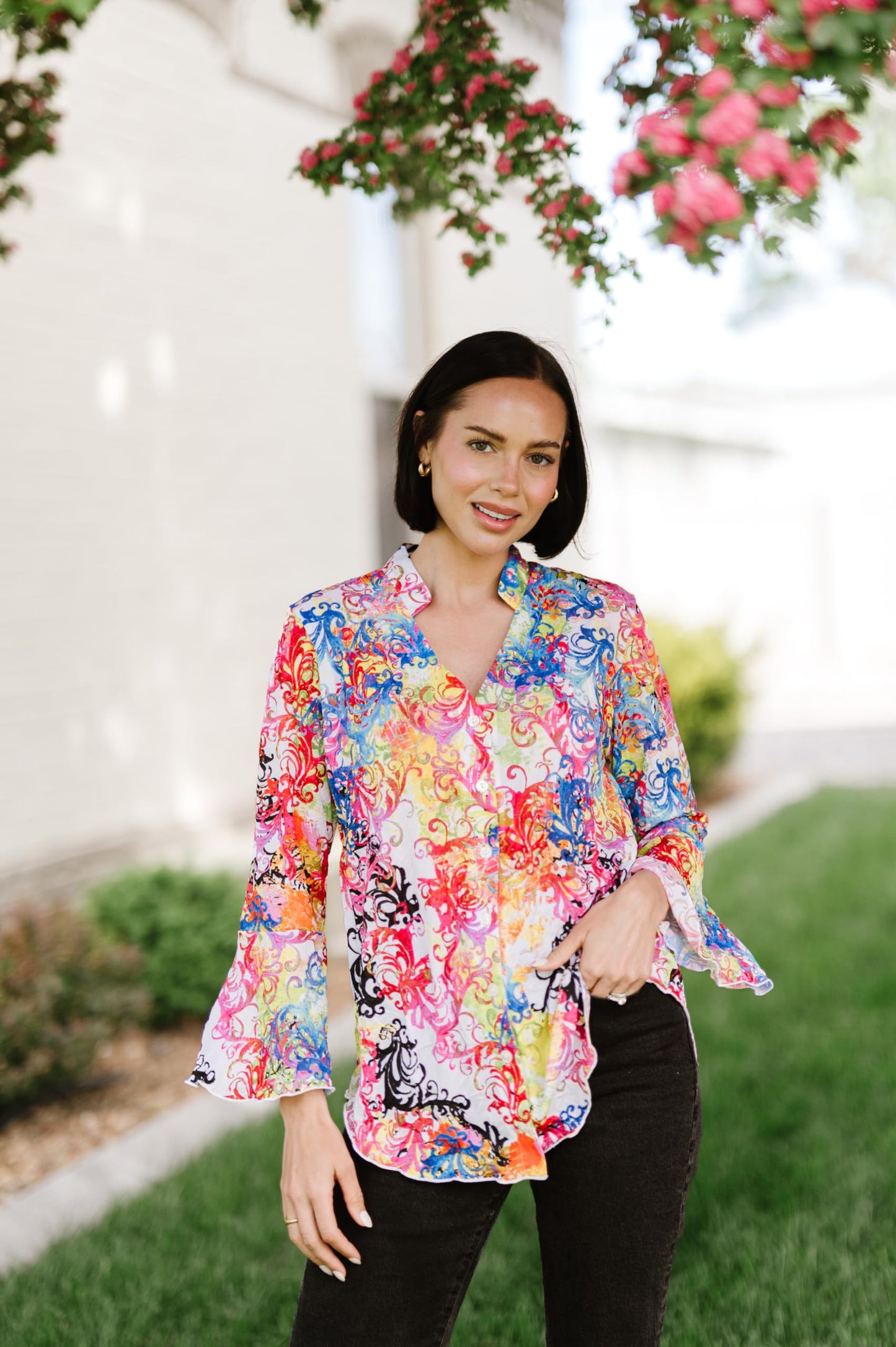 SNO SKINS Spring/Summer Collection Designer Print Crinkle Sweetheart Top with Stand Collar (Antiquity)