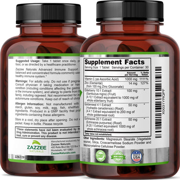 Zazzee Advanced Immune Support, 1300 mg per Tablet, 30 Vegan Tablets, 30 Day Supply, 1000 mg Vitamin C, 1000 mg Echinacea, 1000 mg Elderberry, 200 mg Goldenseal, Zinc, All-Natural and Non-GMO