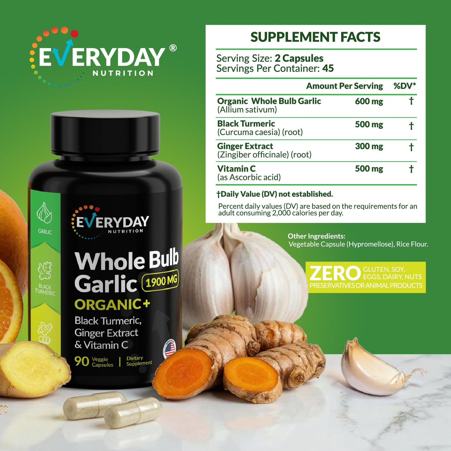 4-in-1 Garlic Supplement with Organic Whole Bulb Garlic, Black Turmeric, Ginger Extract & Vitamin C – Immune Support & Antioxidant Supplement – High Potency Vegan Formula – Made in USA – 90 Capsules