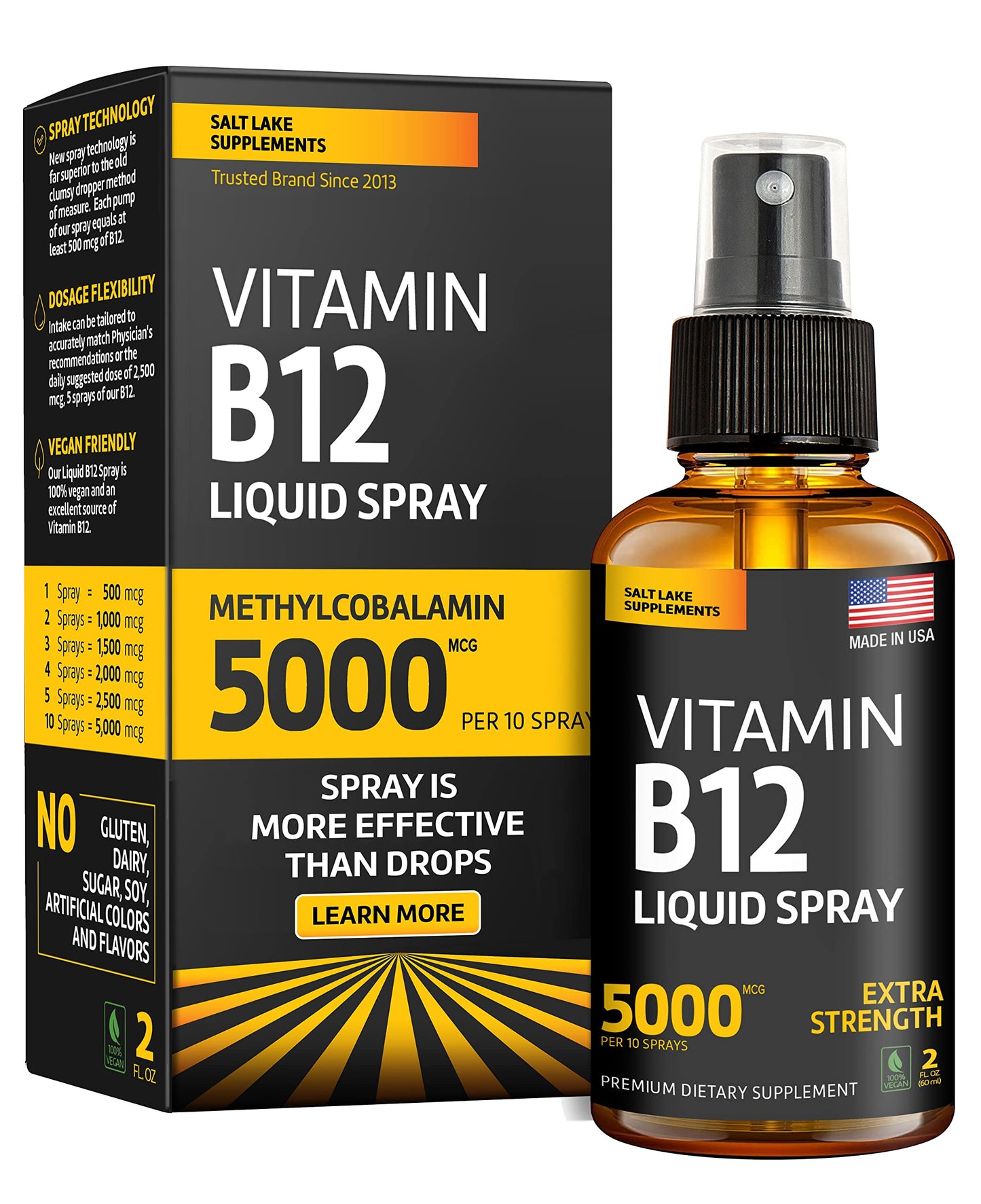 Vitamin B12 Sublingual Spray 5000 mcg – Vegan Methylcobalamin Liquid B12 Boost Energy, Mood & Brain Health - Gluten-Free, Non-GMO B12 Spray for Men & Women - Easy Dosage (5000 mcg in 10 Sprays)