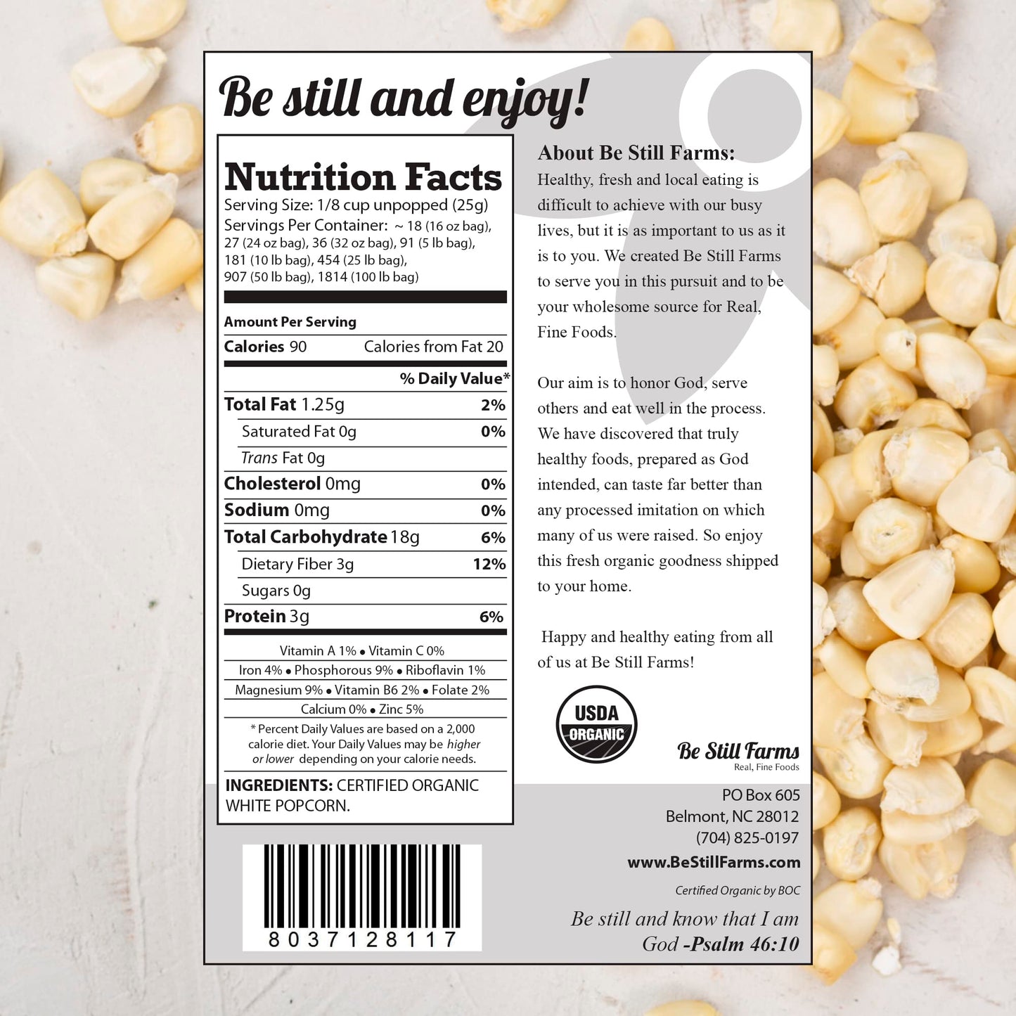 Be Still Farms White Organic Popcorn Kernels (4.8lb) - Hulless Uncooked Corn Bulk Ideal for Popping - Healthy Microwave Snacks Great for Movie Night - USA Grown | USDA Certified | Non-GMO | Vegan