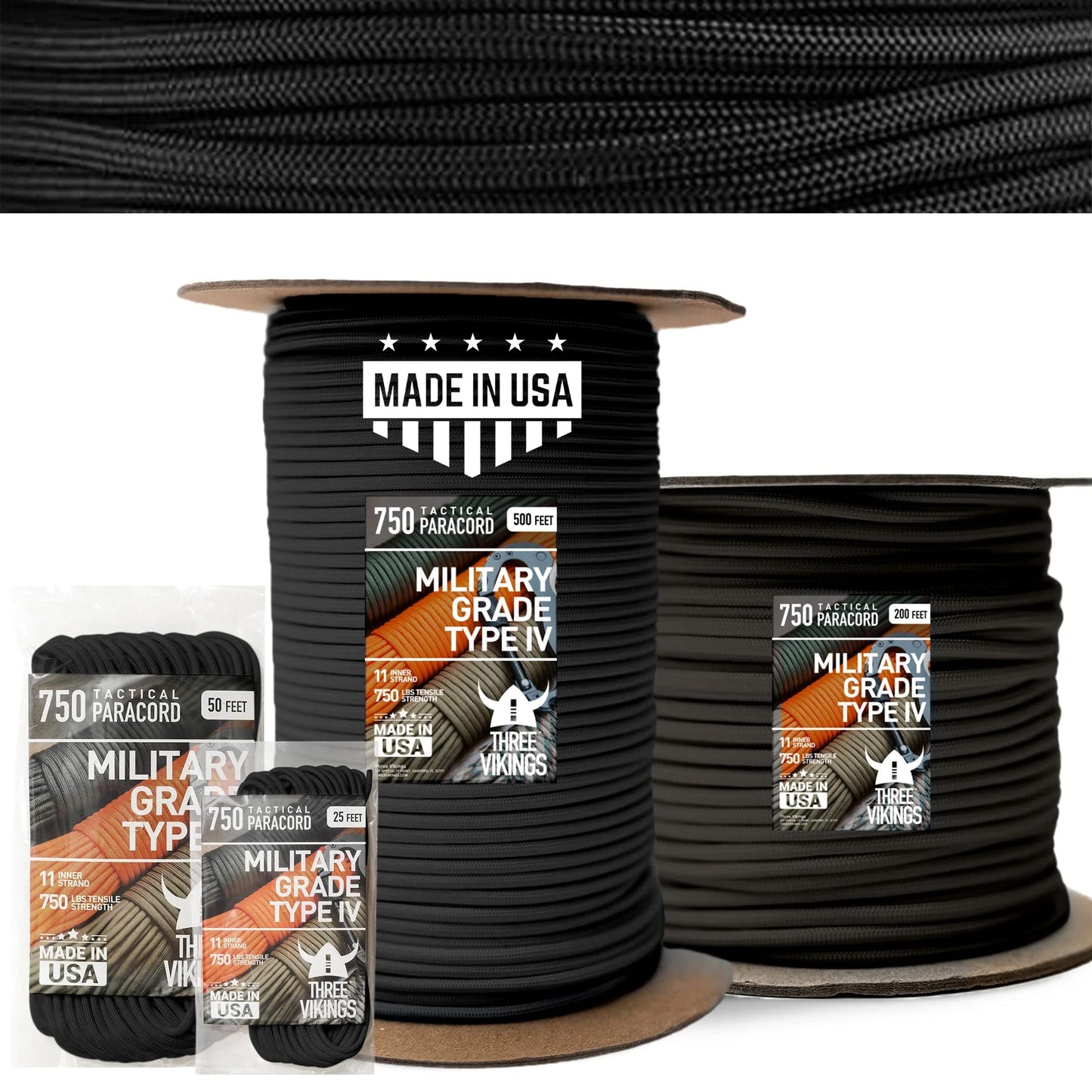 Three Vikings Paracord Rope - 100% Nylon 11 Strand Core - Type IV 750lb - Stronger Than Paracord 550 Cord - Made in USA - Available in Continuous Spools and Many Colors