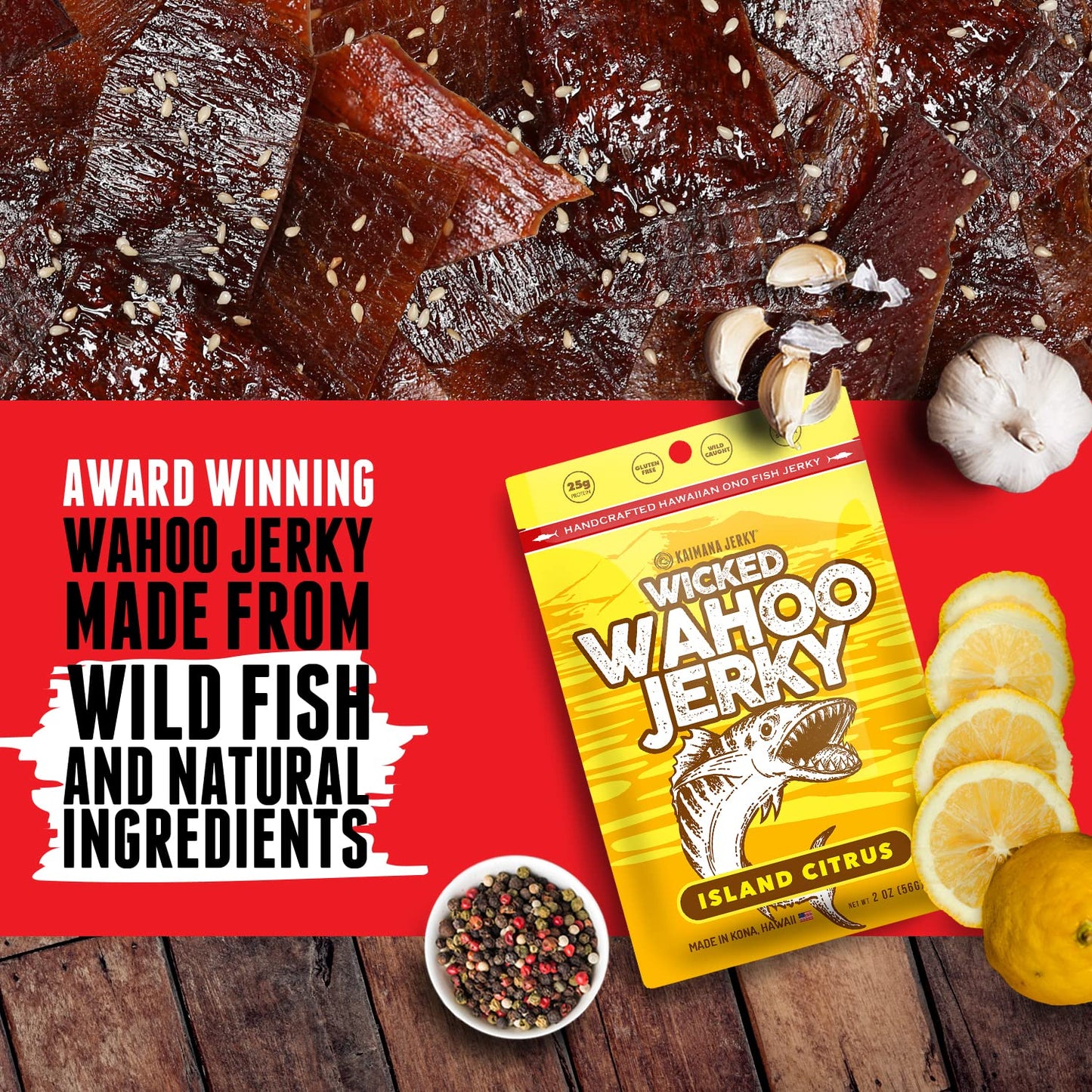Island Citrus Wahoo Ono Fish Jerky - Zesty Umami Flavor - Artisan Crafted - Gourmet Dried Fish Strips Rich in Omega-3 & Protein - Low-Calorie Seafood Snack with Low Sodium & Sugar - 2 Ounce (3 Pack)