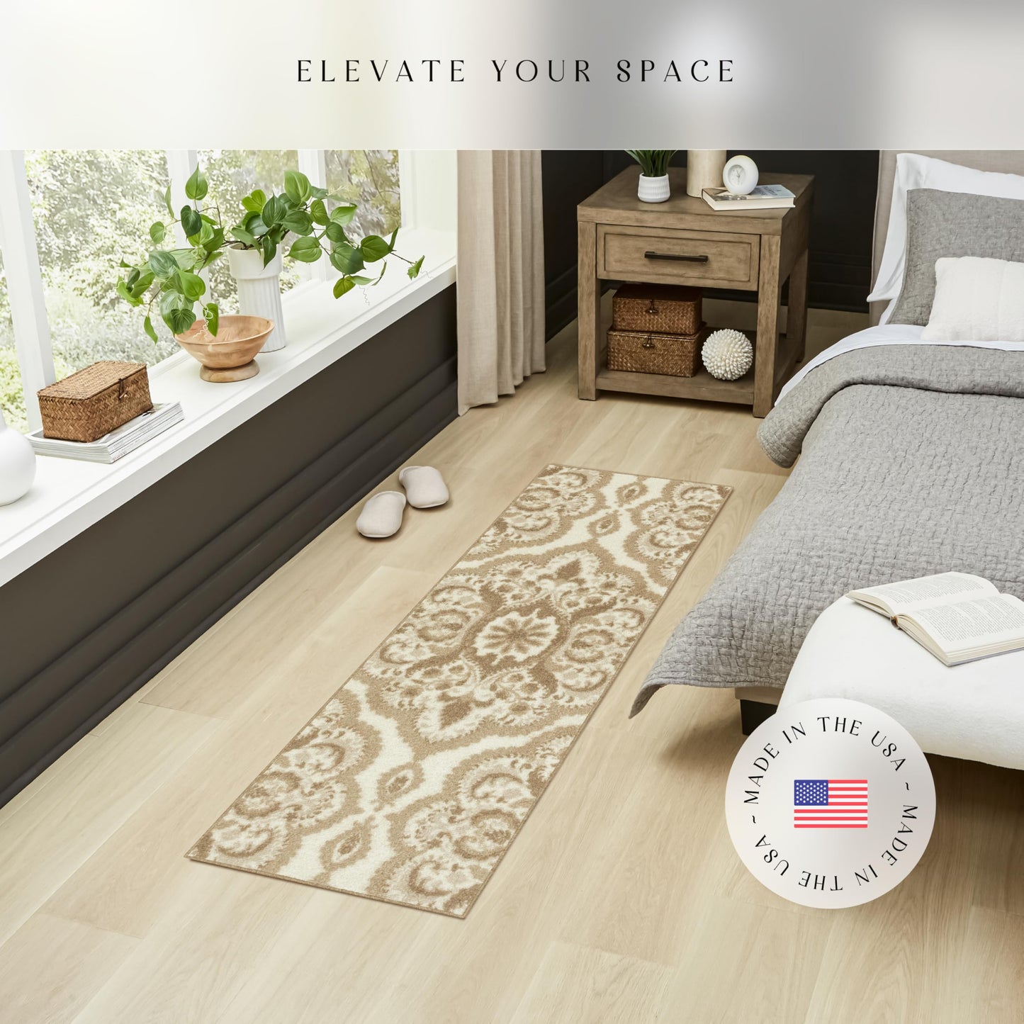 Maples Rugs Vivian Medallion Runner Rug - Made in USA - Washable, Non Slip, Indoor Carpet for Hallway, Kitchen, and Laundry Room, 1'8 x 5'', Beige