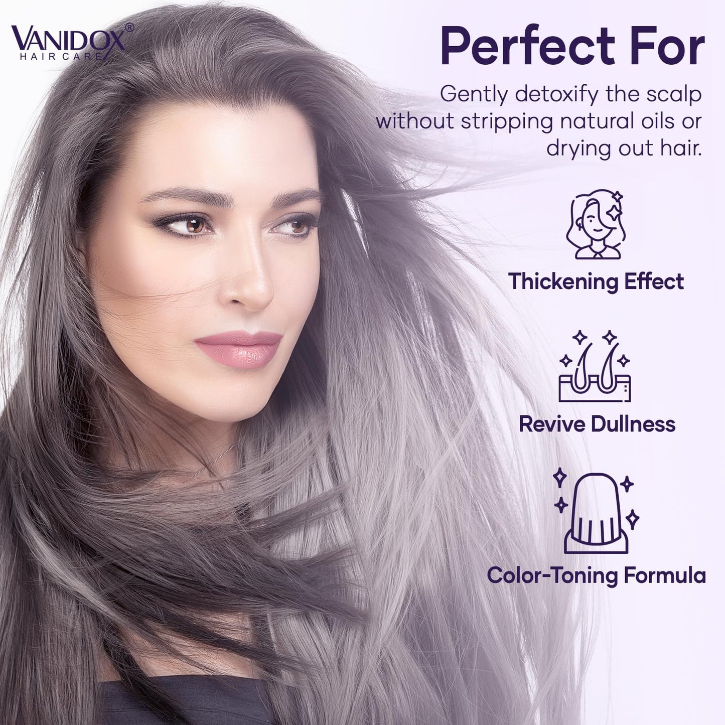 VANIDOX Brass Toning Purple Shampoo for Grey and Silver Hair, Infused with Purple Pigment, Sulfate Free Shampoo for Gray and Silver Hair (16 fl oz)