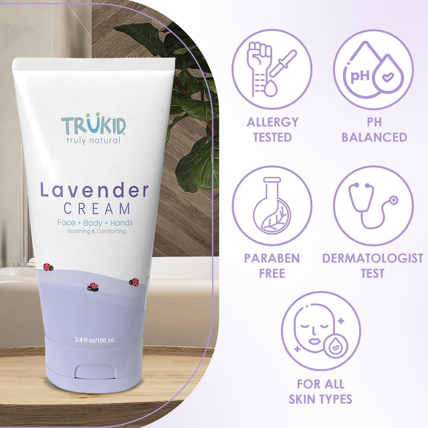 TruKid Lavender Cream - Sensitive Skin Baby Lotion for Newborns, Babies & Toddlers, All Natural Ingredient Skin Care for Kids Enriched with Shea Butter, Cocoa, Grape Seed Oil & Vitamin E, 3.4oz