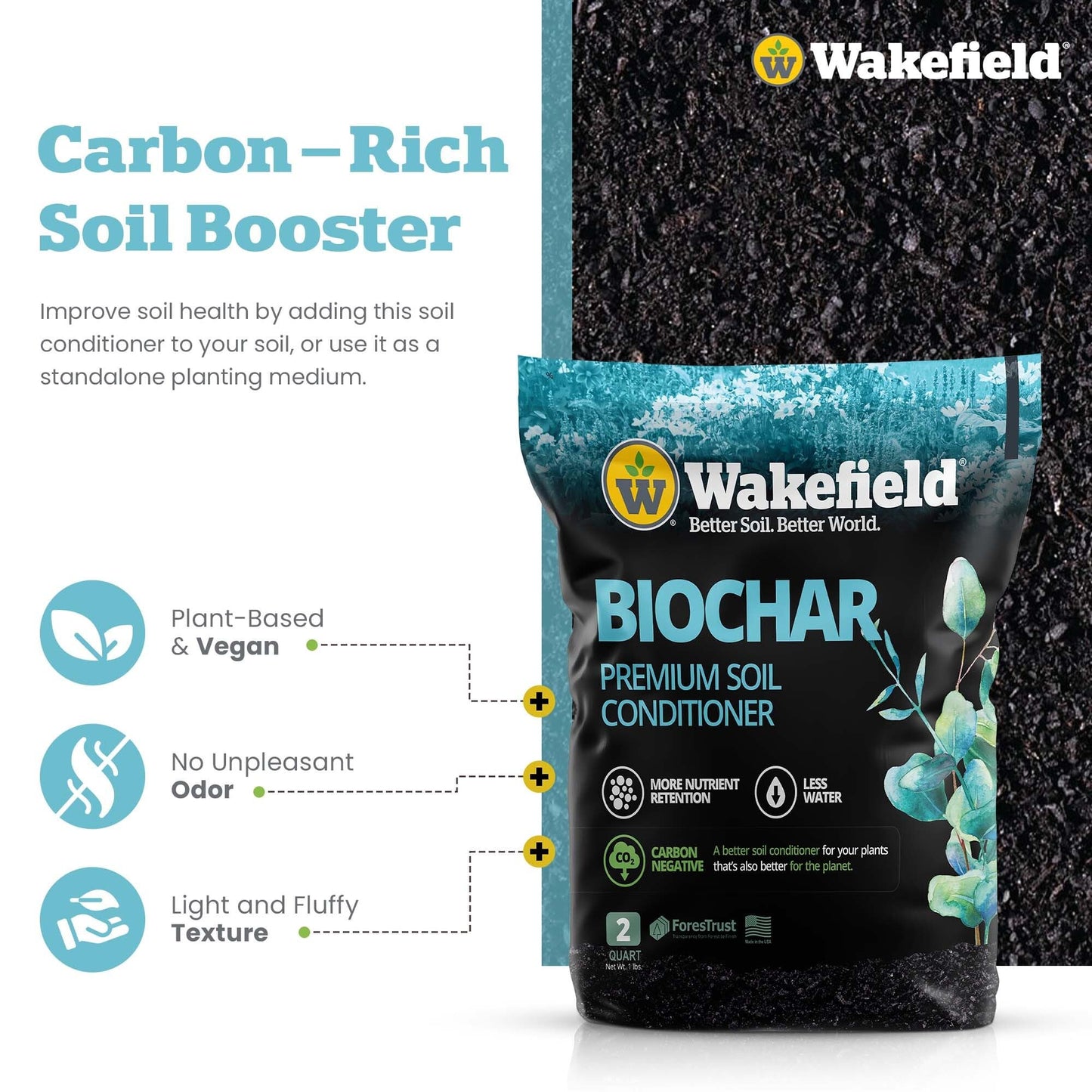 Wakefield Premium Organic Biochar Soil Amendment & Soil Conditioner – Certified Carbon-Negative Nutrient-Locking, Water-Efficient Bio Char for Plants & Lawns - Soil Amendments for Lawn - 2 Quart